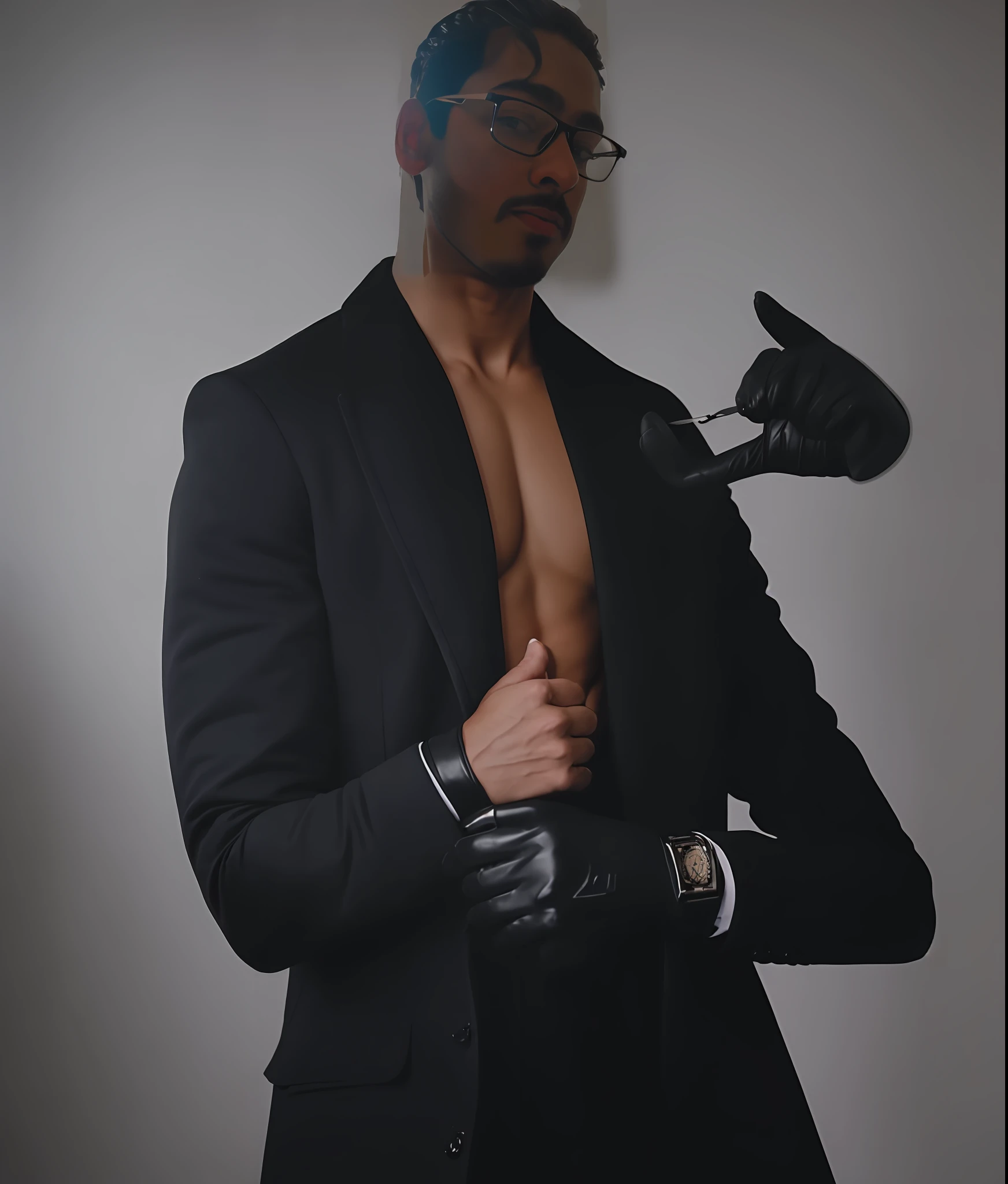 muscular man, black overcoat, white background, black hand gloves