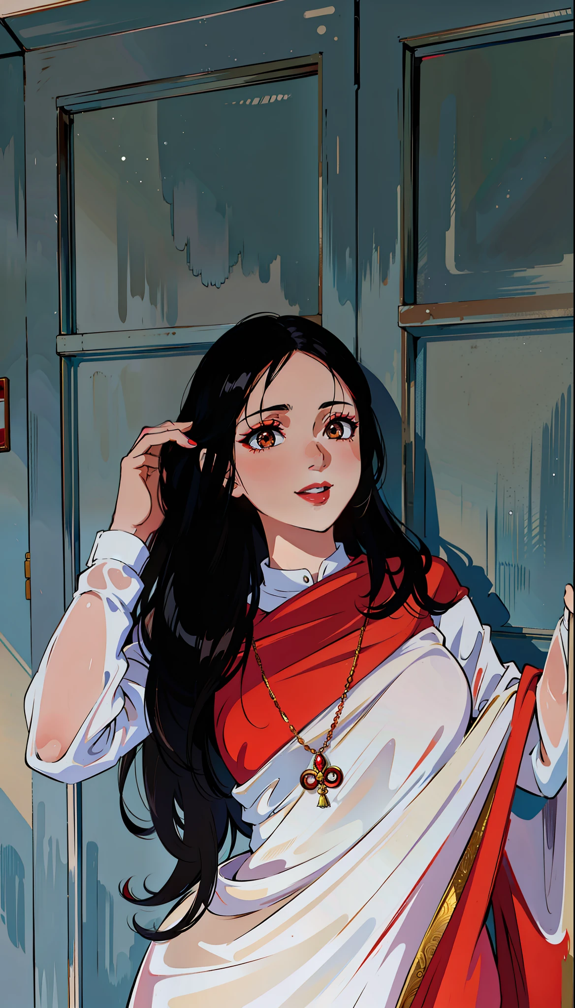 (masterpiece),(best quality:1.0), (ultra highres:1.0), detailed illustration, 8k, anime, 1girl, beautiful anime girl, wearing a white and red saree, beautiful saree, intricate details, black eyes, detailed eyes, black hair, detailed hair detailed, highlights on hair, smiling, matte red lipstick, red lips, anime style, best quality, detailed