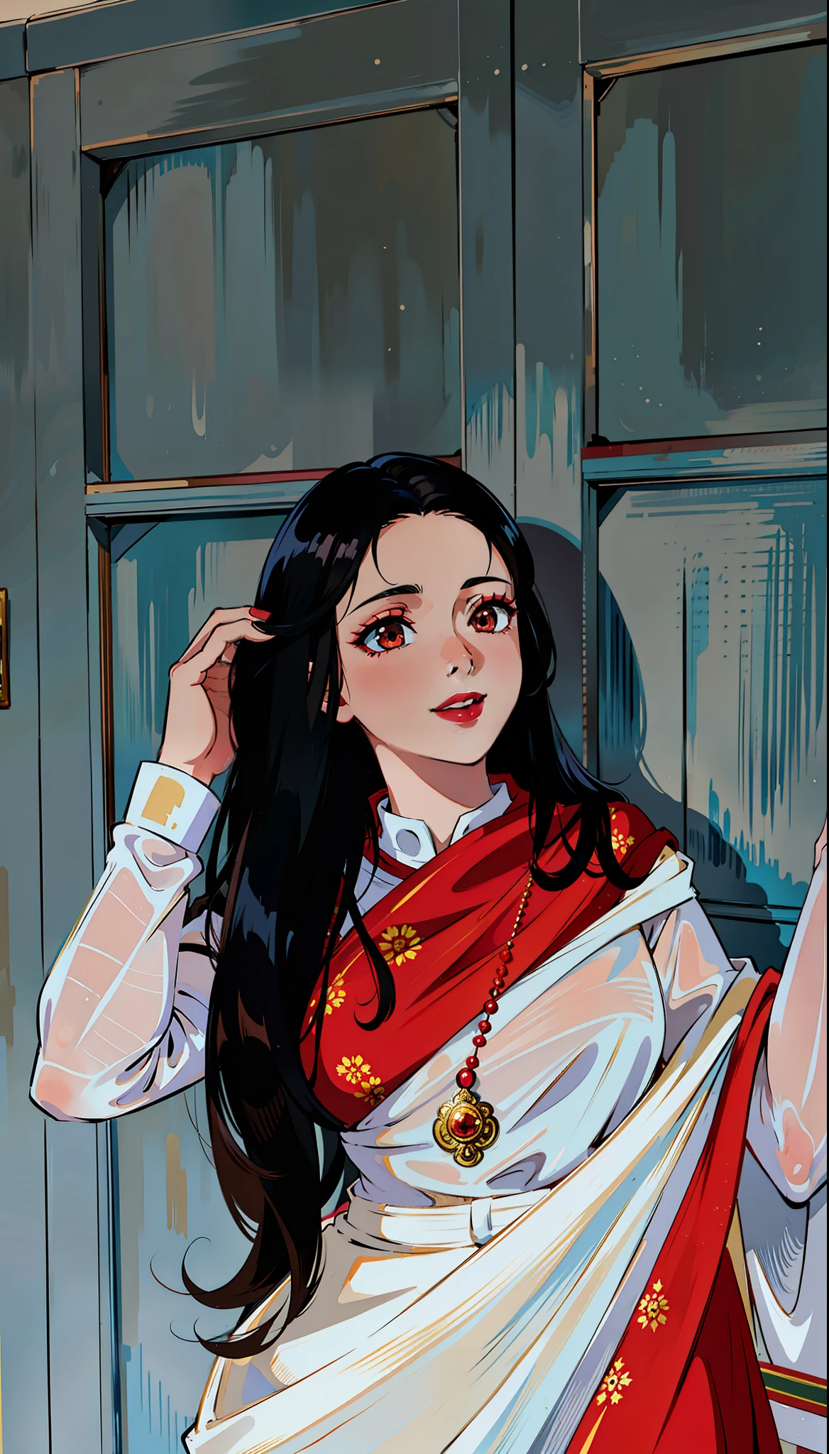 (masterpiece),(best quality:1.0), (ultra highres:1.0), detailed illustration, 8k, anime, 1girl, beautiful anime girl, wearing a white and red saree, beautiful saree, intricate details, black eyes, detailed eyes, black hair, detailed hair detailed, highlights on hair, smiling, matte red lipstick, red lips, anime style, best quality, detailed