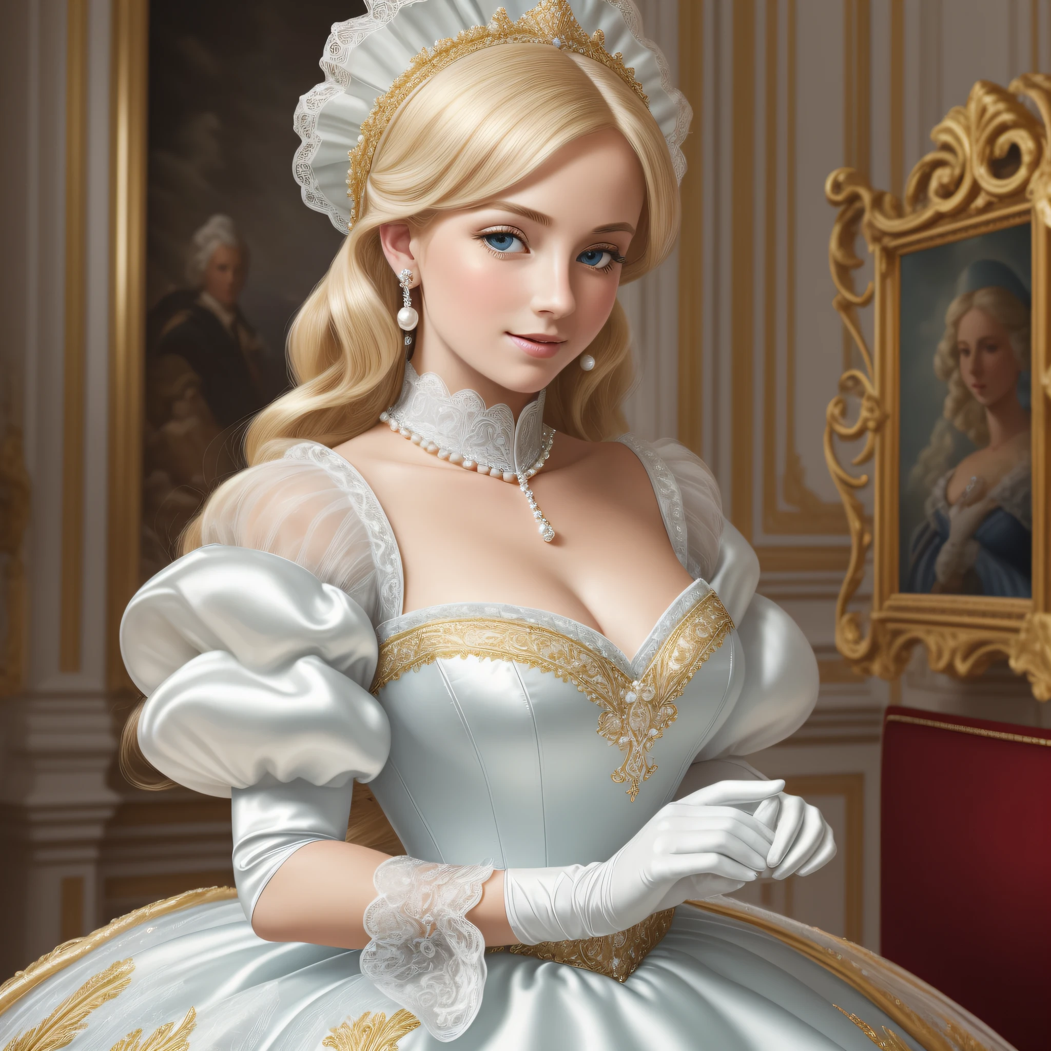 A stunningly beautiful young blonde maiden gasps in surprise and delight to find herself suddenly wearing white gloves and a Stately Royal Victorian Cinderella Ballgown stiff with gold embroidery and encrusted with pearls and diamonds, with huge puffed sleeves larger than her head, an enormous hoopskirt, all adorned with bows, lace, and frills