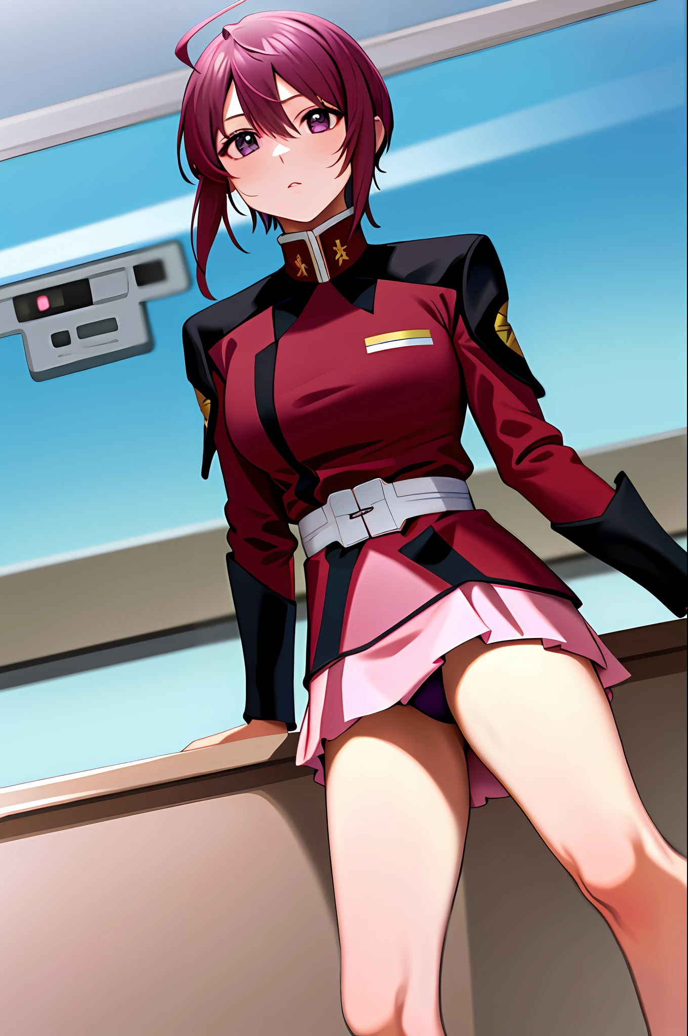 masterpiece, Best Quality, Hi-Res, 1girl, Solo, Pink Skirt, Military uniform, Short hair, Ahoge, Black thighs, Red hair, Purple eyes, Purple hair, Long sleeves, Frowned, Slouched,Colossal,Swimsuit
