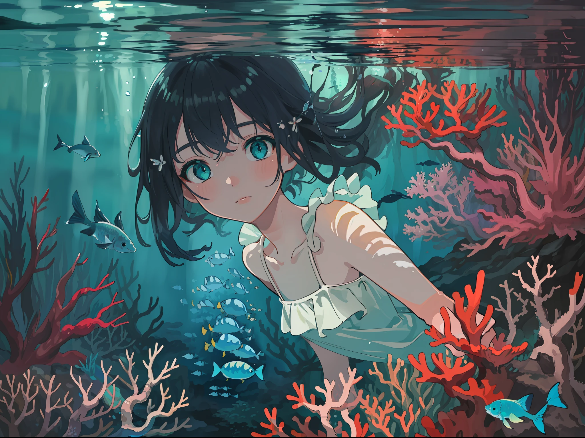 (((masterpiece))),(((best quality))),((ultra-detailed)),((underwater)),(illustration),(beautiful detailed water),((coral)),open tuck,((extremely delicate and beautiful girls)),dynamic angle,floating,(beautiful detailed eyes),(detailed light),(li),floating hair,glowing eyes,(splash),underwater),((fishes)),black hair,green right eye,iceblue left eye,very long white dress,feather,nature,(sunlight),(underwater forest),(painting),(bloom),(detailed glow),(drenched),seaweed,fish,(((Tyndall effect))),face to face