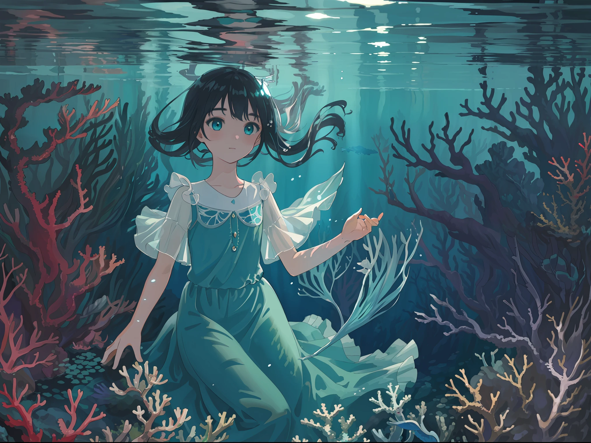 (((masterpiece))),(((best quality))),((ultra-detailed)),((underwater)),(illustration),(beautiful detailed water),((coral)),open tuck,((extremely delicate and beautiful girls)),dynamic angle,floating,(beautiful detailed eyes),(detailed light),(loli),floating hair,glowing eyes,(splash),underwater),((fishes)),black hair,green right eye,iceblue left eye,very long white dress,feather,nature,(sunlight),(underwater forest),(painting),(bloom),(detailed glow),(drenched),seaweed,fish,(((Tyndall effect))),face to face