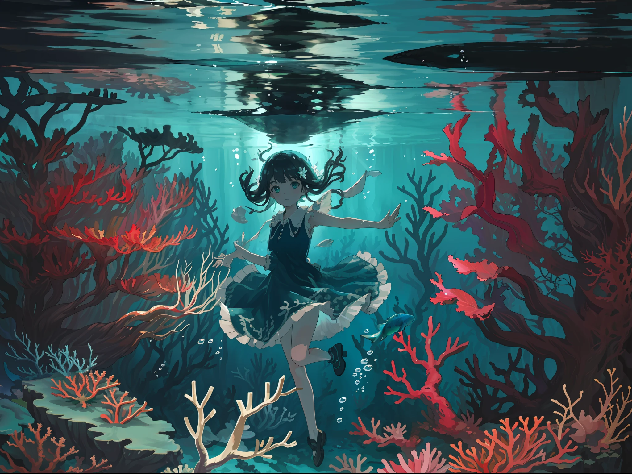 (((masterpiece))),(((best quality))),((ultra-detailed)),((underwater)),(illustration),(beautiful detailed water),((coral)),open tuck,((extremely delicate and beautiful girls)),dynamic angle,floating,(beautiful detailed eyes),(detailed light),(),floating hair,glowing eyes,(splash),underwater),((fishes)),black hair,green right eye,iceblue left eye,very long white dress,feather,nature,(sunlight),(underwater forest),(painting),(bloom),(detailed glow),(drenched),seaweed,fish,(((Tyndall effect))),face to face
