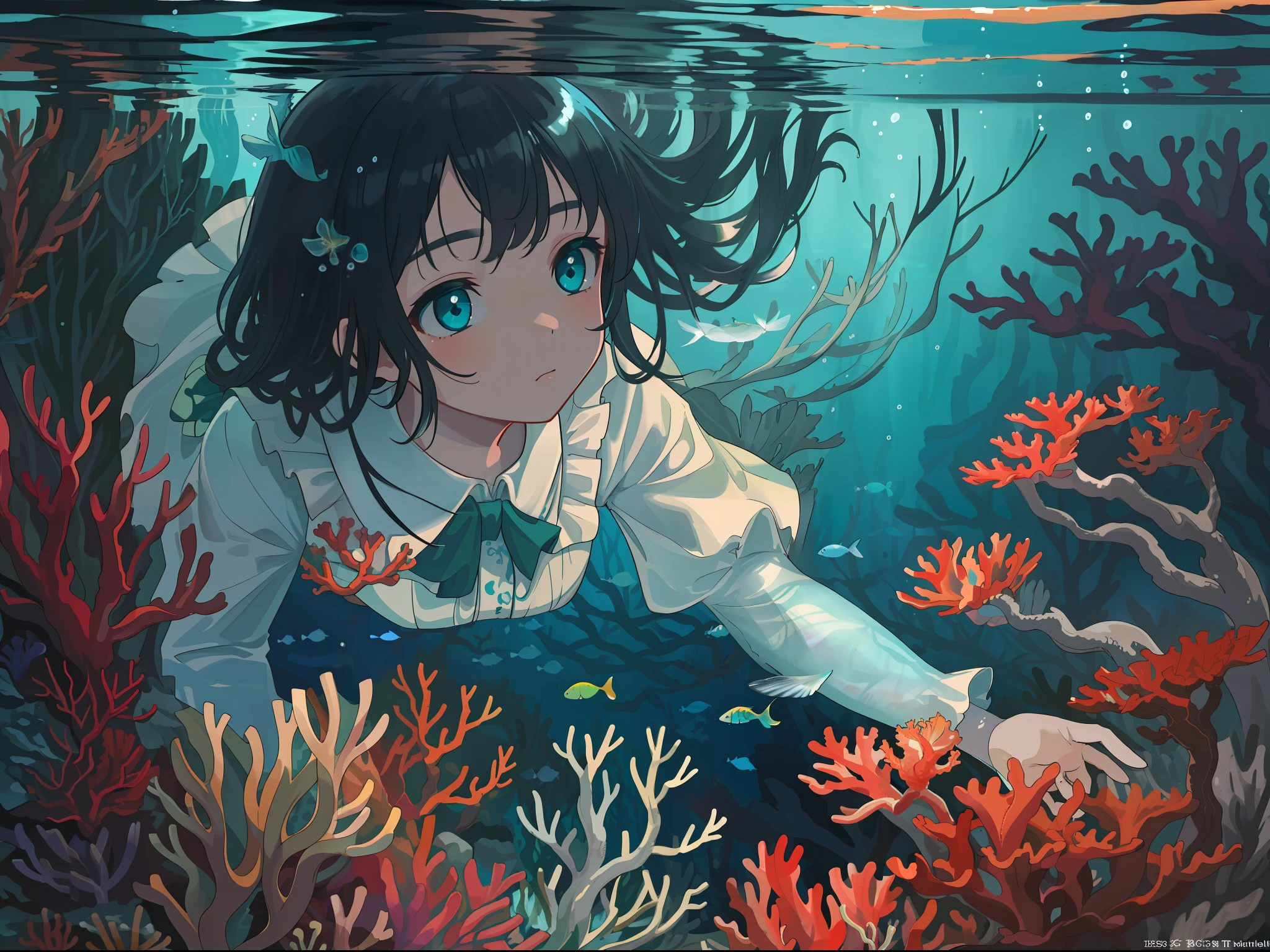 (((masterpiece))),(((best quality))),((ultra-detailed)),((underwater)),(illustration),(beautiful detailed water),((coral)),open tuck,((extremely delicate and beautiful girls)),dynamic angle,floating,(beautiful detailed eyes),(detailed light),(li),floating hair,glowing eyes,(splash),underwater),((fishes)),black hair,green right eye,iceblue left eye,very long white dress,feather,nature,(sunlight),(underwater forest),(painting),(bloom),(detailed glow),(drenched),seaweed,fish,(((Tyndall effect))),face to face