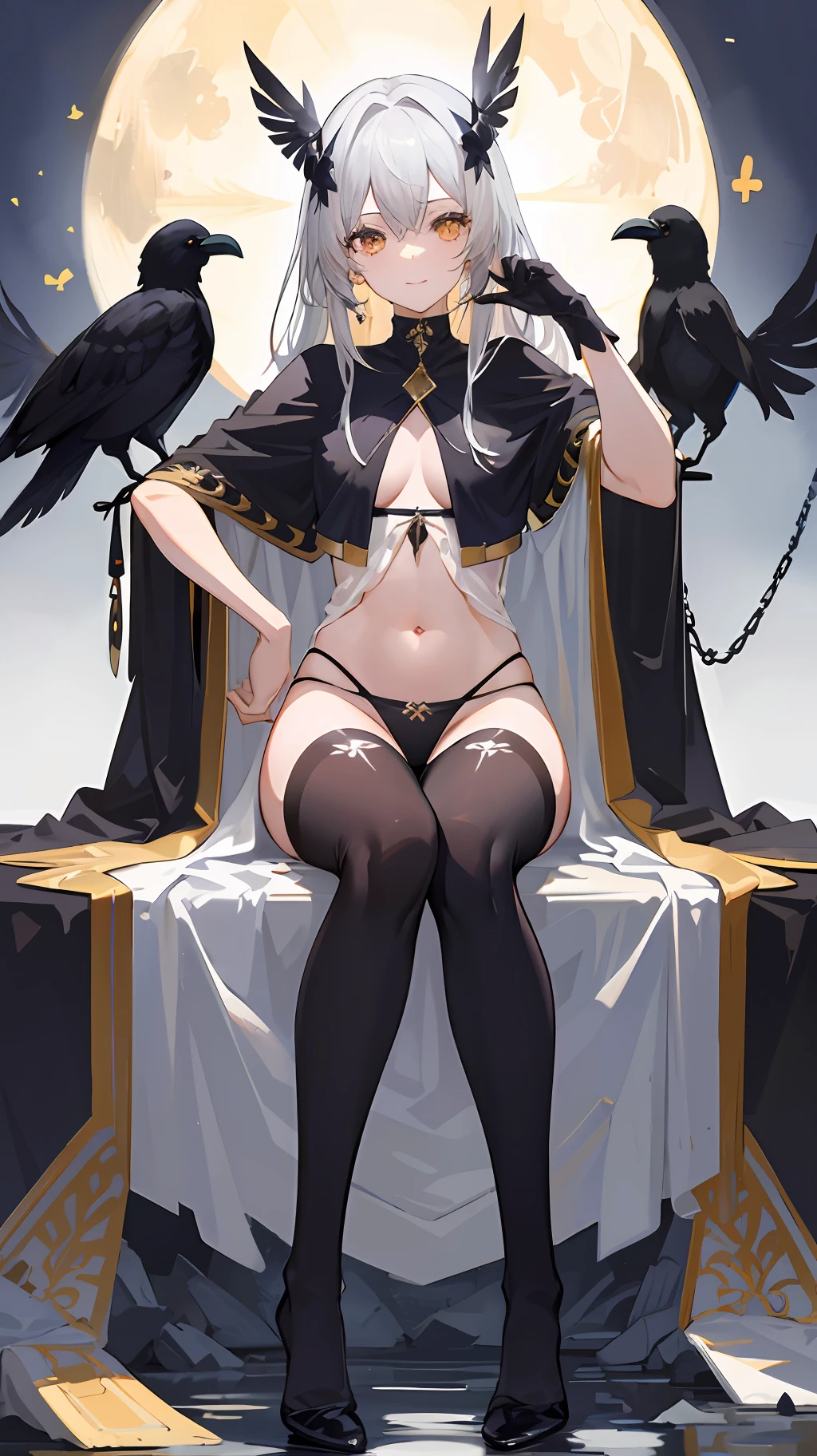 (masterpiece), (best quality), full body, simple background, sitting, 1girl, shiny hair, gray hair, feather hair ornament, white cape, (see-through), navel, smile, plant, flower, full_moon, detective theme, (black legwear), ((crow)), chains, ruins, 1gir, in flower, black_ bikini,1girl in flower ,navel,masterpiece, highres, 16k