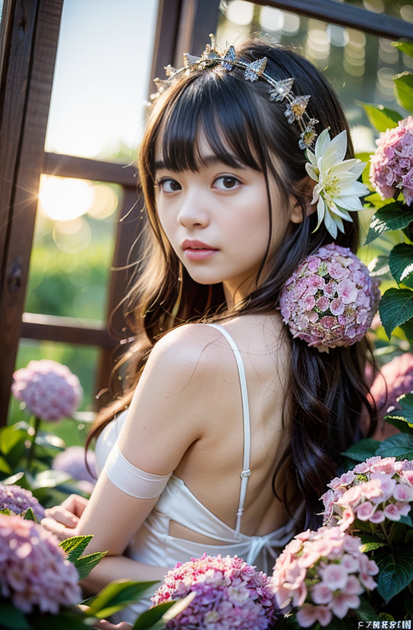 (((Full body photo))))), (((Rembrandt lighting)))),((Sunset backlight))),(Lens flare),((Wearing a red wedding dress)),((Super Soft Focus))))), smiling, (Looking into the distance)))), twilight, showering, Colorful hydrangea in the background, surrounded by hydrangeas, ((soft sunset)), (yinchuan:1.5), masterpiece, best quality, raw photo, photorealistic, face, beautiful girl, cute, (((depth of field)))), high resolution, ultra detail, fine detail, very detailed, cinematic lighting