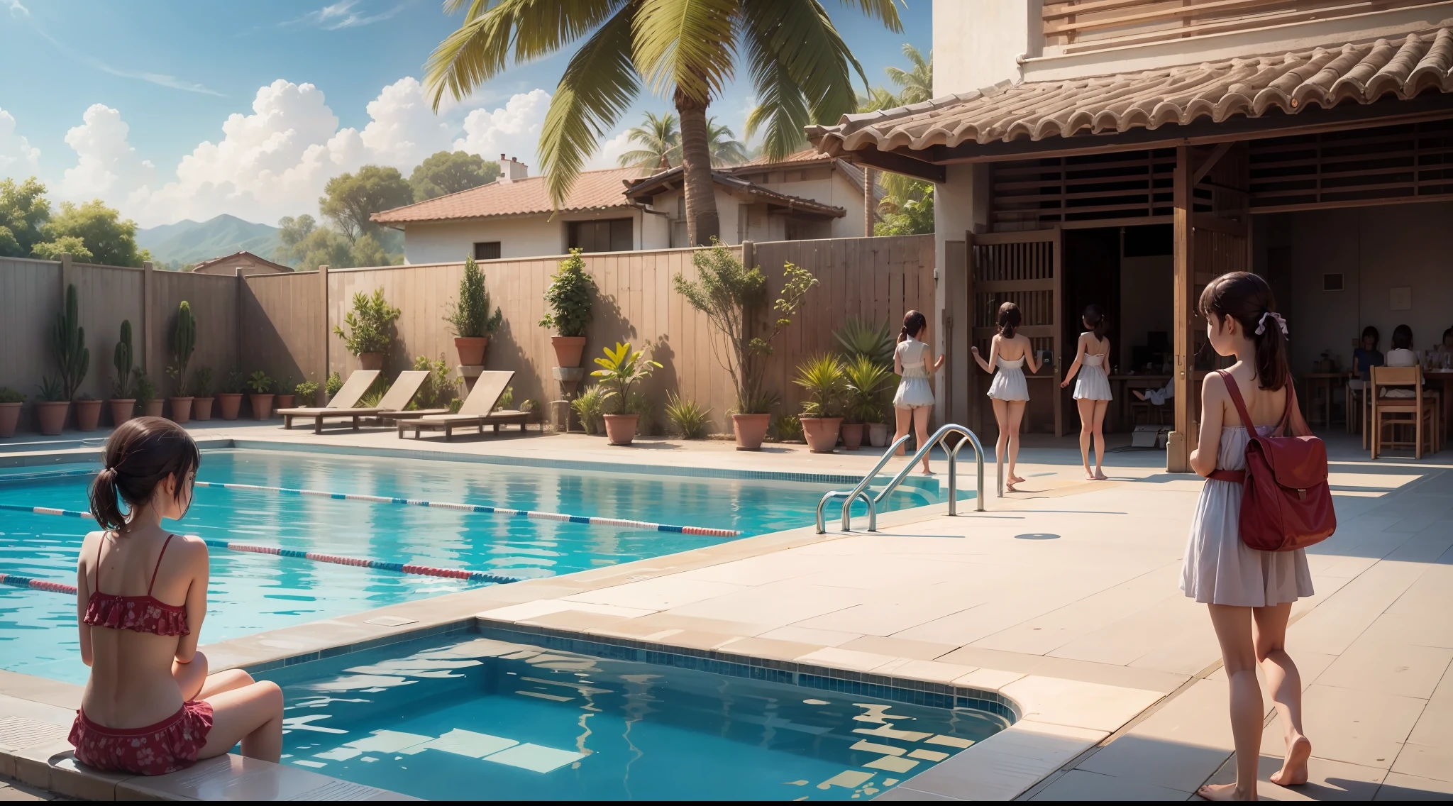Looking at the swimming pool, playing, a group of girls, far away, without showing their faces