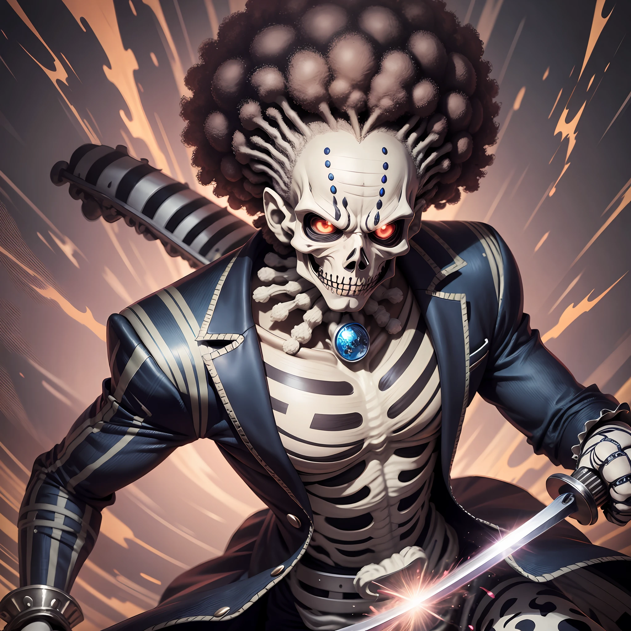 Brook, one piece character,Skeleton with afro on head, forehead crack, holding fast cutting sword, wearing suit and dress clothes, 4k,8k, super realistic, hypermaximalist, very realistic. --auto --s2