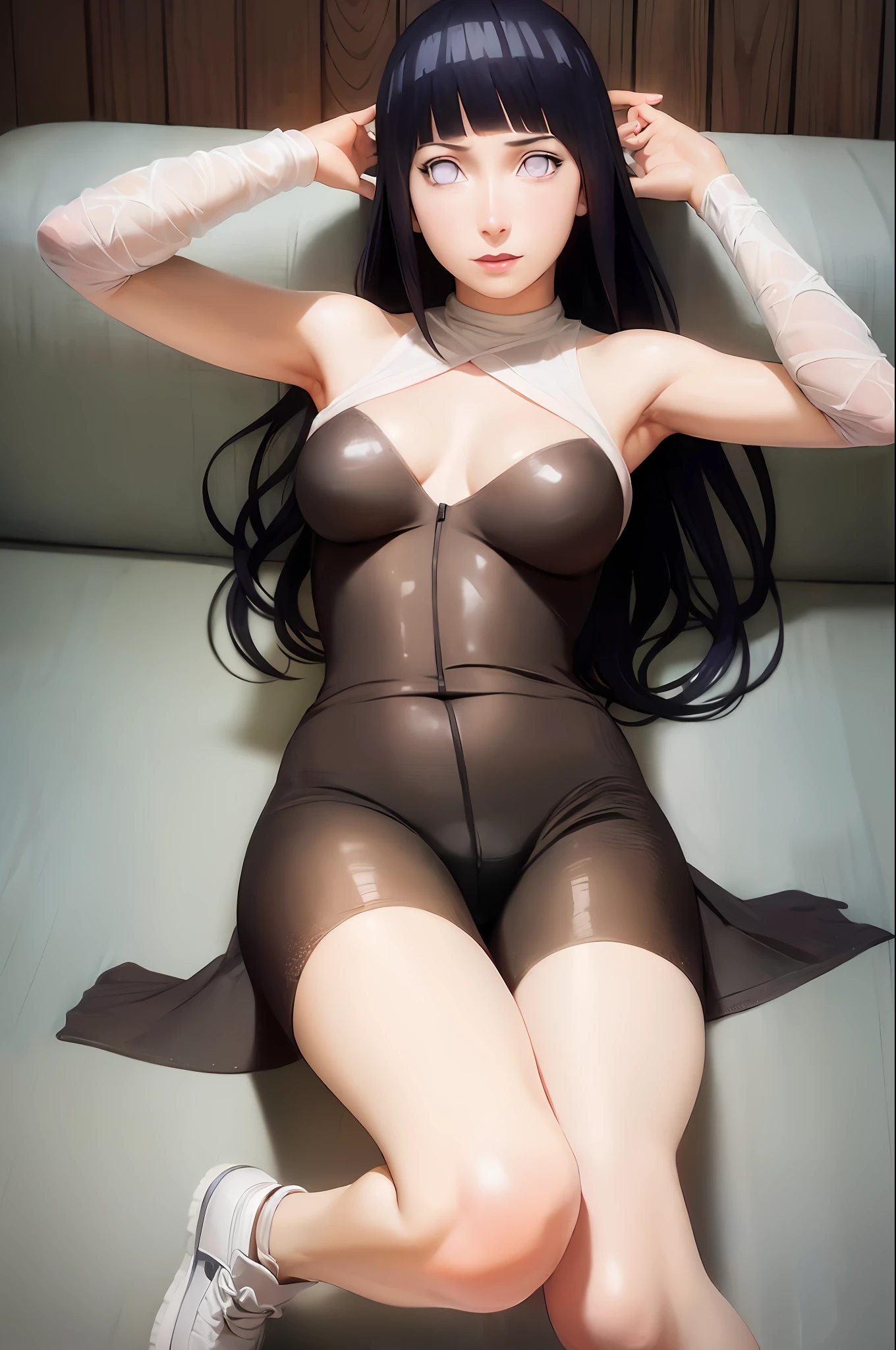 Masterpiece, realistic, 8k, CG, perfect artwork, super detailed rendering, highest quality, high resolution, detail maniac, shy expression, realistic eyes, high definition, high quality, detailed face, detailed body limbs, 1girl, solo, Hinata Hinata, Hinata sleeveless clothing, sleeveless shirt, fishnet shirt, dark lips, unzipped jacket, no bra, no panties, exposed breasts, blushing, white stockings, highlight, transparent clothes, exposed pubic hair, camel toes, jiri-like, superb breasts, excellent body, thin legs, full body, woman lying on the bed,