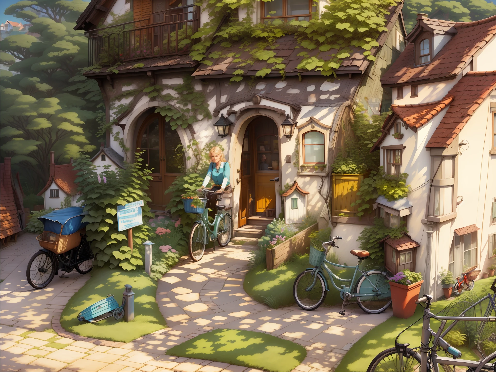 bikes parked in the garden of a house, outside, bikes, in front of the house, exterior view, near the beach, heavy vignette!, bike in the background, profile picture, taken with sony alpha 9, front, beautiful picture, by Tom Wänerstrand, look at the details, excellent detail, !! beautiful!!