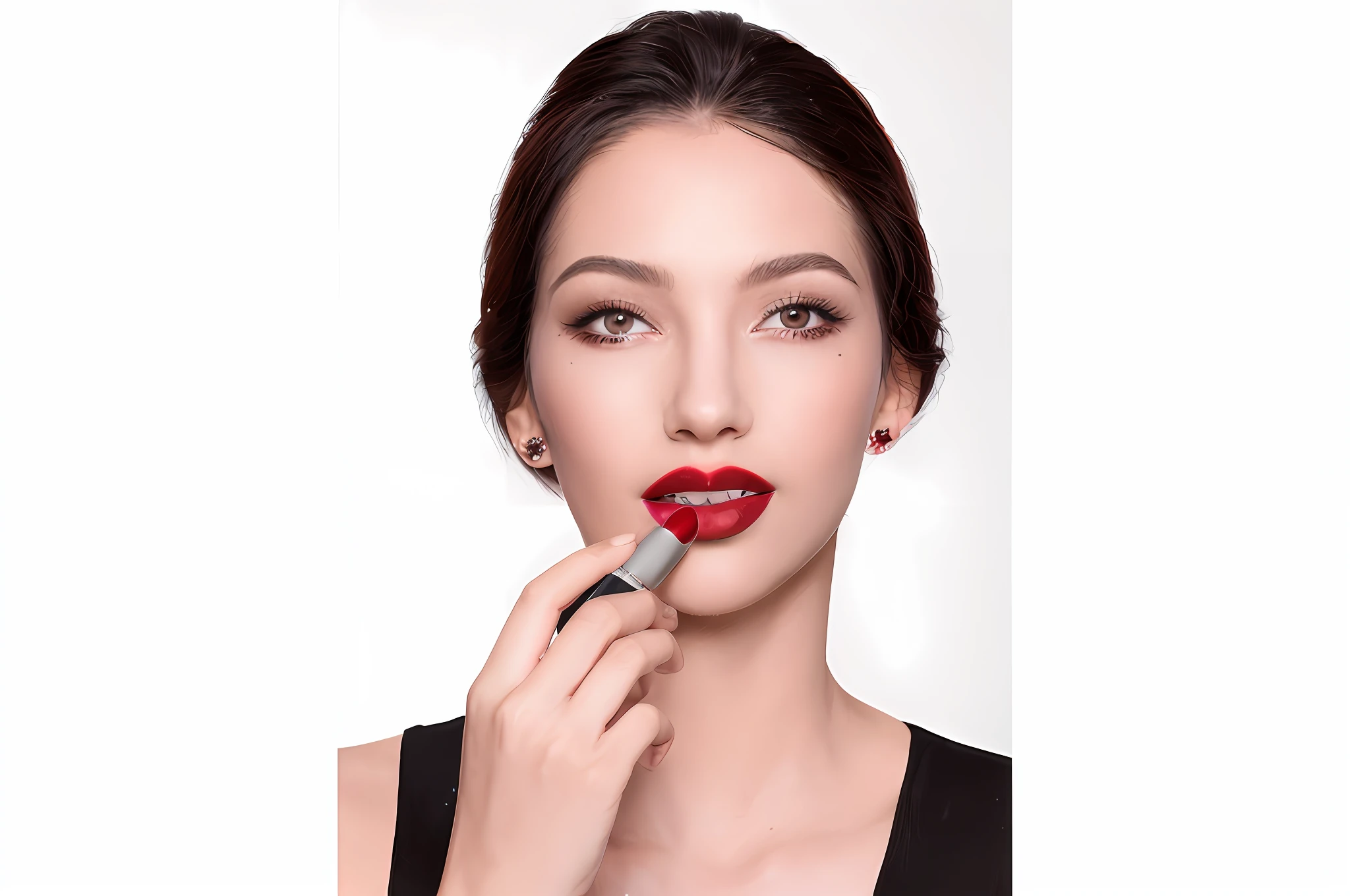 arafed woman with red lipstick and black dress holding a lipstick brush, red lipstick on face, red lipstick, sexy lips :5 stylish, close face view, bright red lipstick, deep red lips, large full lips, lips wide parted, quivering lips, with parted lips and stunning, full glossy lips, faint red lips, red lips