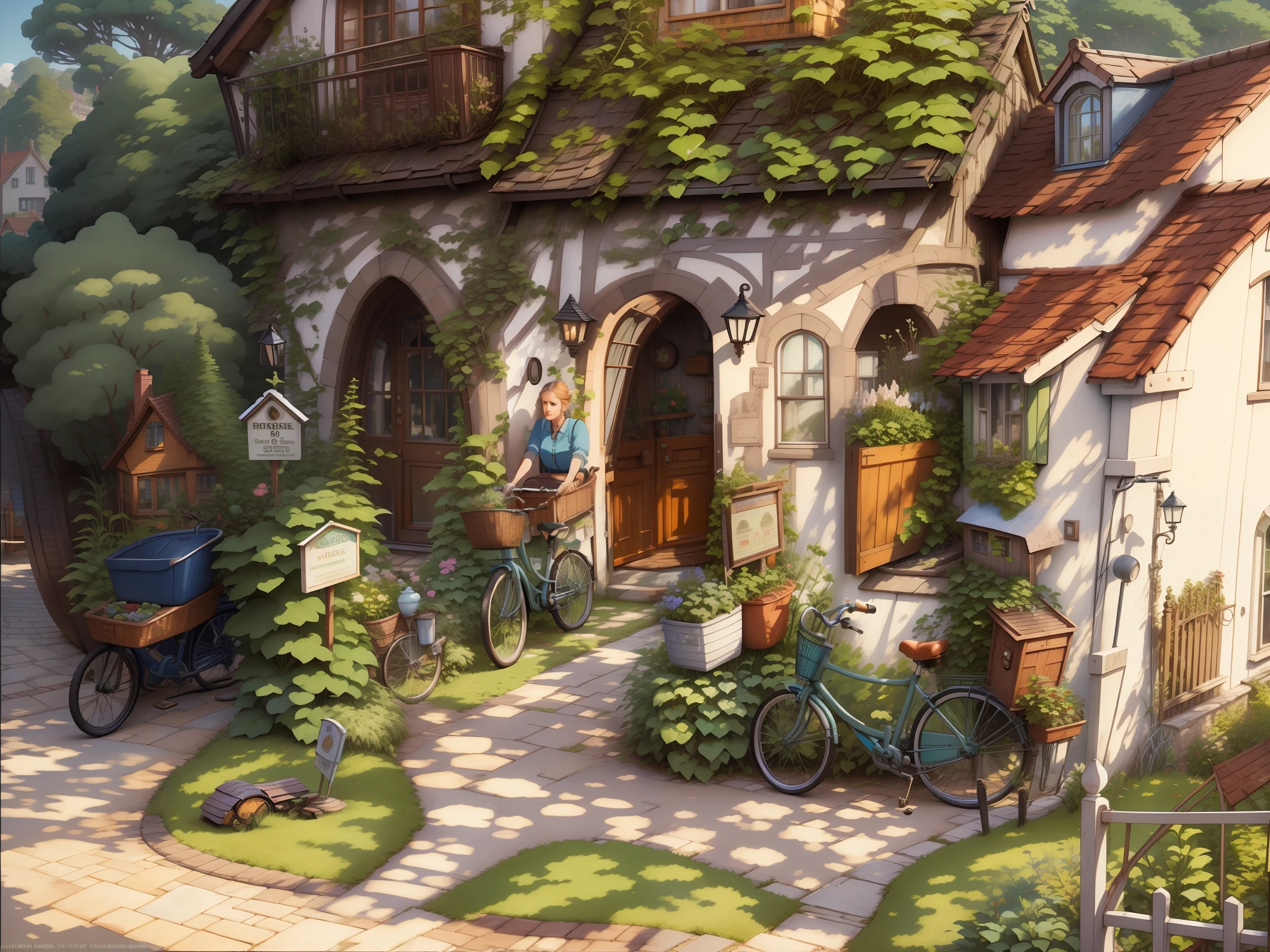 bikes parked in the garden of a house, outside, bikes, in front of the house, exterior view, near the beach, heavy vignette!, bike in the background, profile picture, taken with sony alpha 9, front, beautiful picture, by Tom Wänerstrand, look at the details, excellent detail, !! beautiful!!