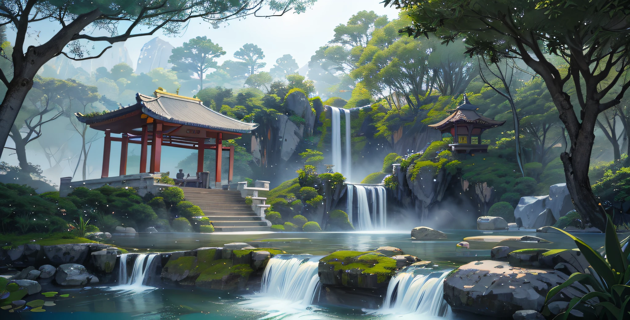 9:16 Ancient Chinese Architecture, Bamboo, Lake, Stone Bridge, Arch, Corner, Rockery, Tree, Flowing Water, Landscape, Outdoors, Waterfall, Grass, Rock, Water Lily, Stream, Lotus, Hot Spring, Fog, Epic Composition, Realistic Lighting , HD detail, masterpiece, best quality, (very detailed CG unity 8k wallpaper), (very detailed CG unity 8k wallpaper)