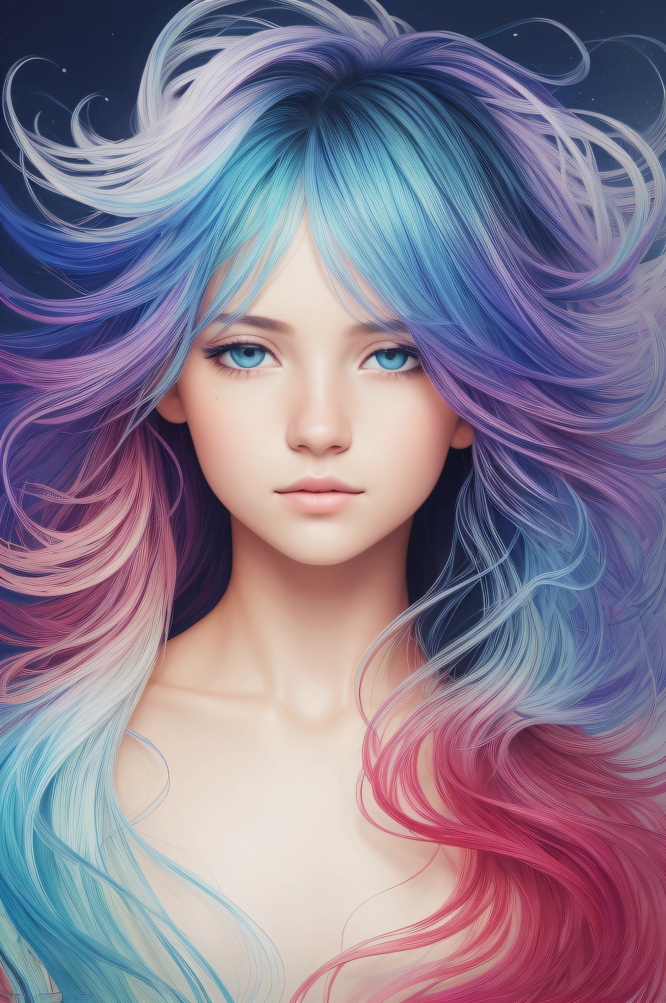 Colorful beautiful girl: a giru 8-, messy hair, oil painting, nice perfect face with soft skinice perfect face, blue yellow colors, light purple and violet additions, light red additions, intricate detail, splash screen, 8k resolution, masterpiece, cute face,artstation digital painting smooth veryBlack ink flow: 8k resolution photorealistic masterpiece: intricately detailed fluid gouache painting: by Jean Baptiste Mongue: calligraphy: acrylic: watercolor art, professional photography, natural lighting, volumetric lighting maximalist photoillustration: by marton bobzert:, complex, elegant, expansive, fantastical,  wavy hair, vibrant