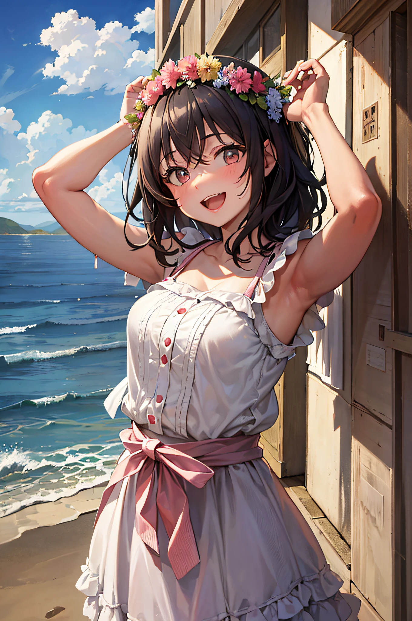 (best quality) +, (masterpiece) ++, (super detailed) ++, ((add layer)), sunny lighting, rest, cowboy shot,
Facial expression: happy girl laughing. Cute, cute, 

Hairstyle: short black hair.

Outfit: She wears a white striped sundress and a pink ribbon around her waist.

Weather conditions: It is summer and the sky is sunny with almost no clouds.

Building conditions: The colorful buildings are Mediterranean-style architecture, clustered along the seaside road.

Terrain conditions: the foothills are covered with steppes overlooking the sea.

Lighting: The midday sun casts a bright, warm light, illuminating everything in its path in animated style.
Nice hands, perfect hands.