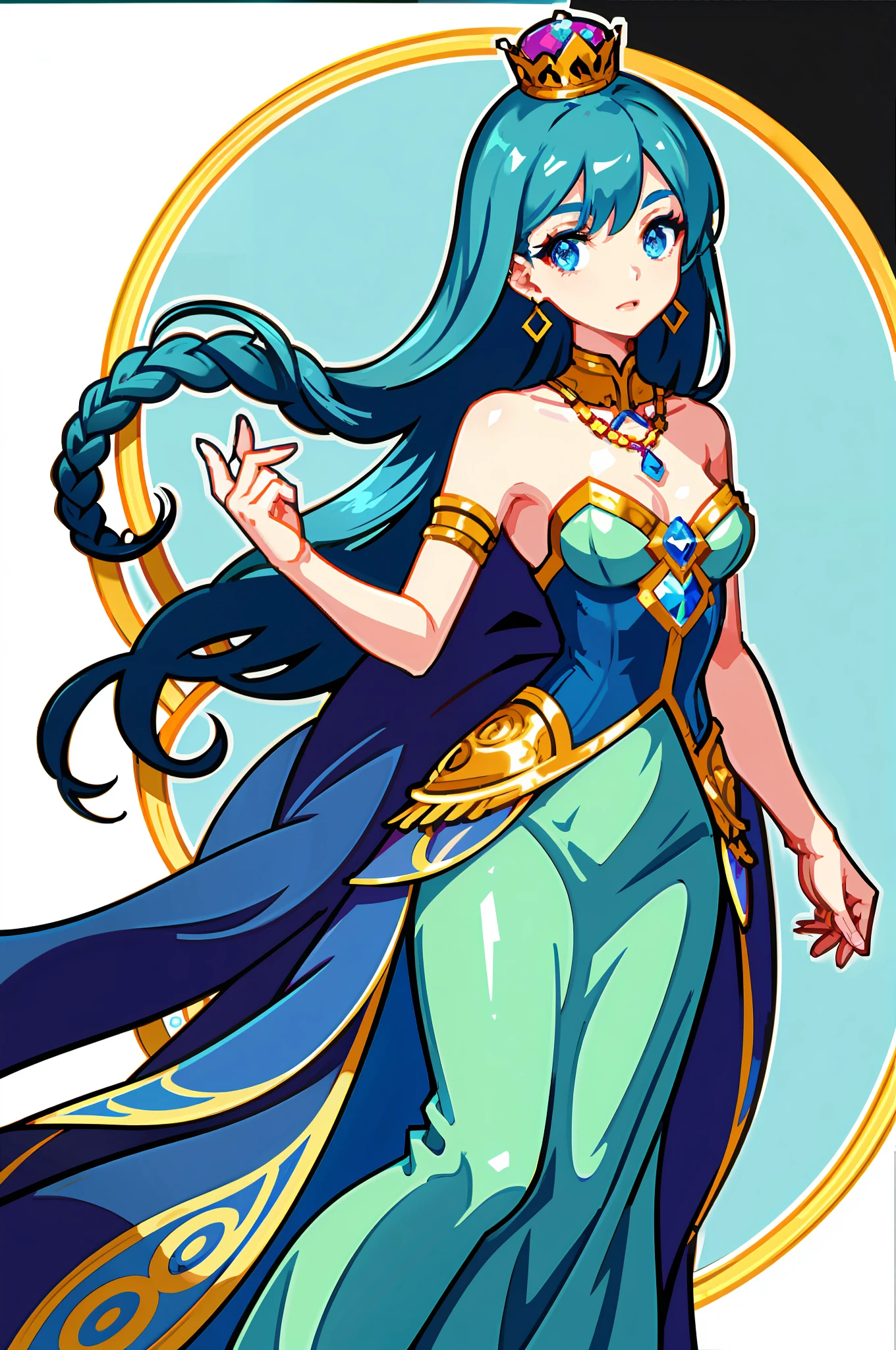 The crown with gold thread entangled in the braided hair is worn in the ice blue hair, the ears behind the hair have pointed ears, the girl, the face is beautiful, a necklace with a blue crystal pendant falls between the collarbones, the full white chest, the aqua blue long skirt, delicate and gorgeous, the skirt has a small pendant made of various gemstones, illustrations, masterpieces, fantasy, blue flowers, lakeside, the whole body