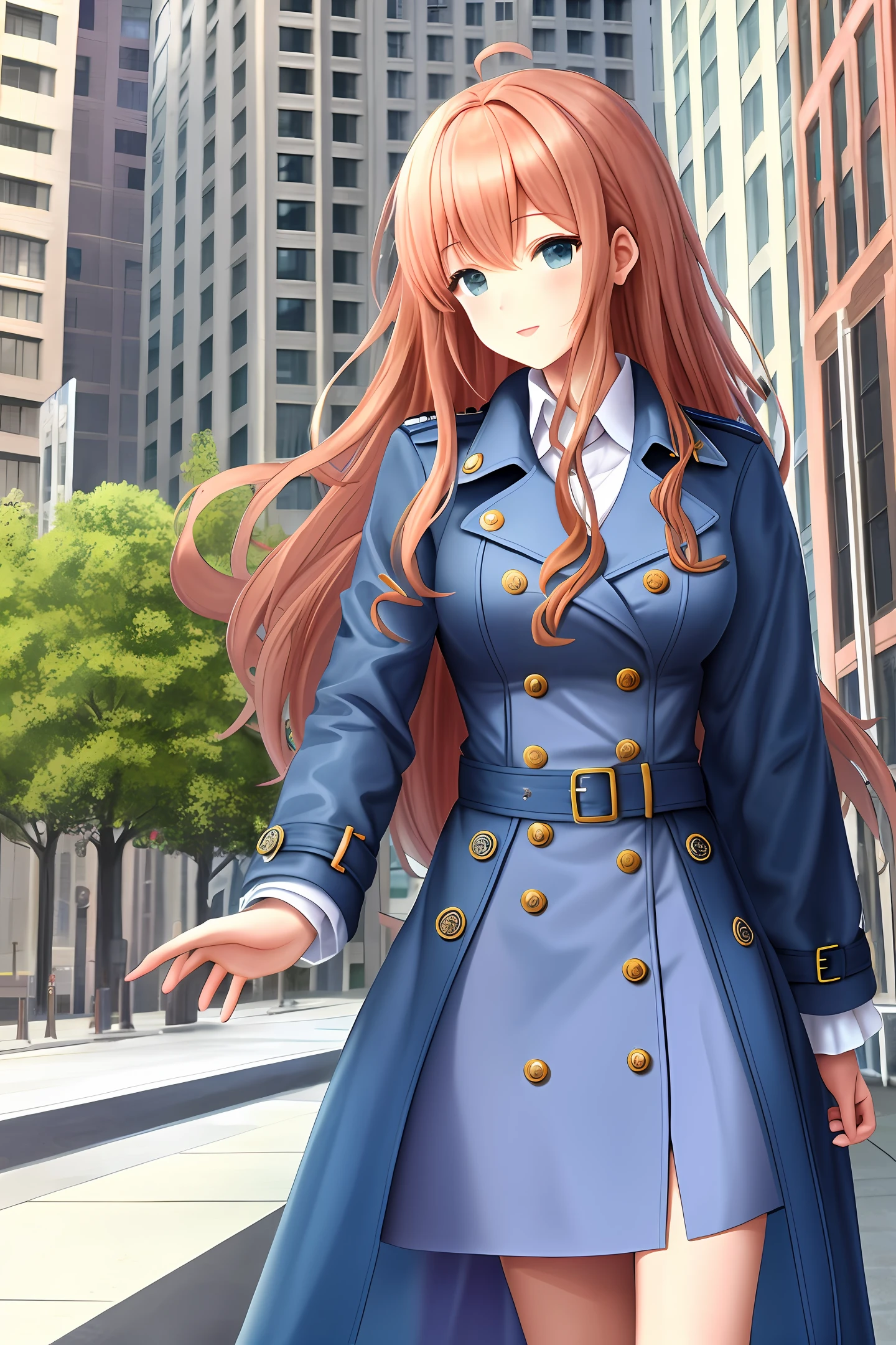 Royal sister coiled hair trench coat tall building