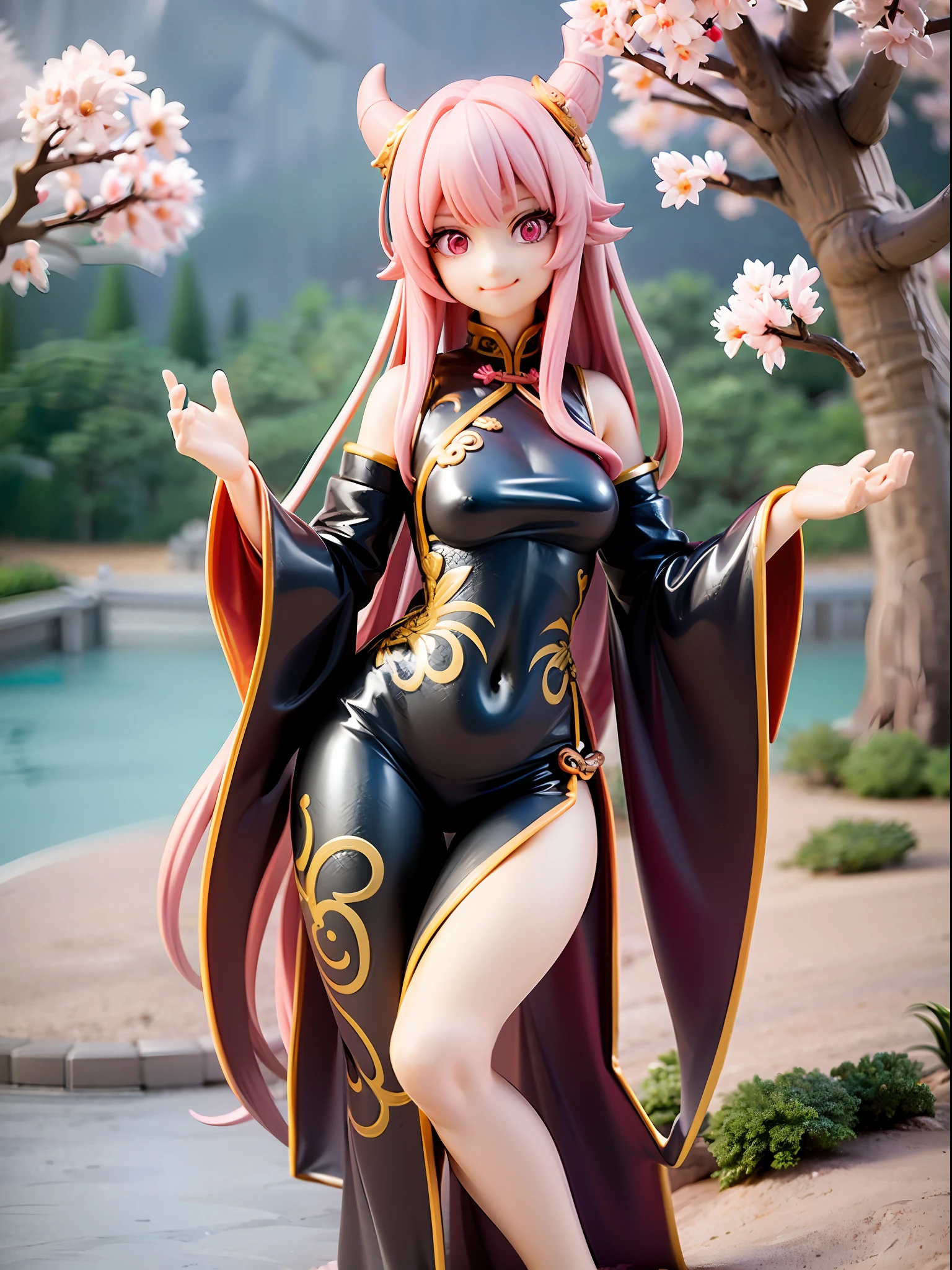 teenager, standing pose, dragon tail, dragon scale on hands and feet, dragon horns, Chinese dress, Chinese dress modified to reveal belly button, white color scheme, pink highlights, long hair, pink hair, wide eyes, pink eyes, closed mouth, smile, imperial palace, towering pagodas, cherry blossom trees, red lanterns, stone dragon statues, golden accents, misty mountain backdrop, serene pond, jade green foliage,