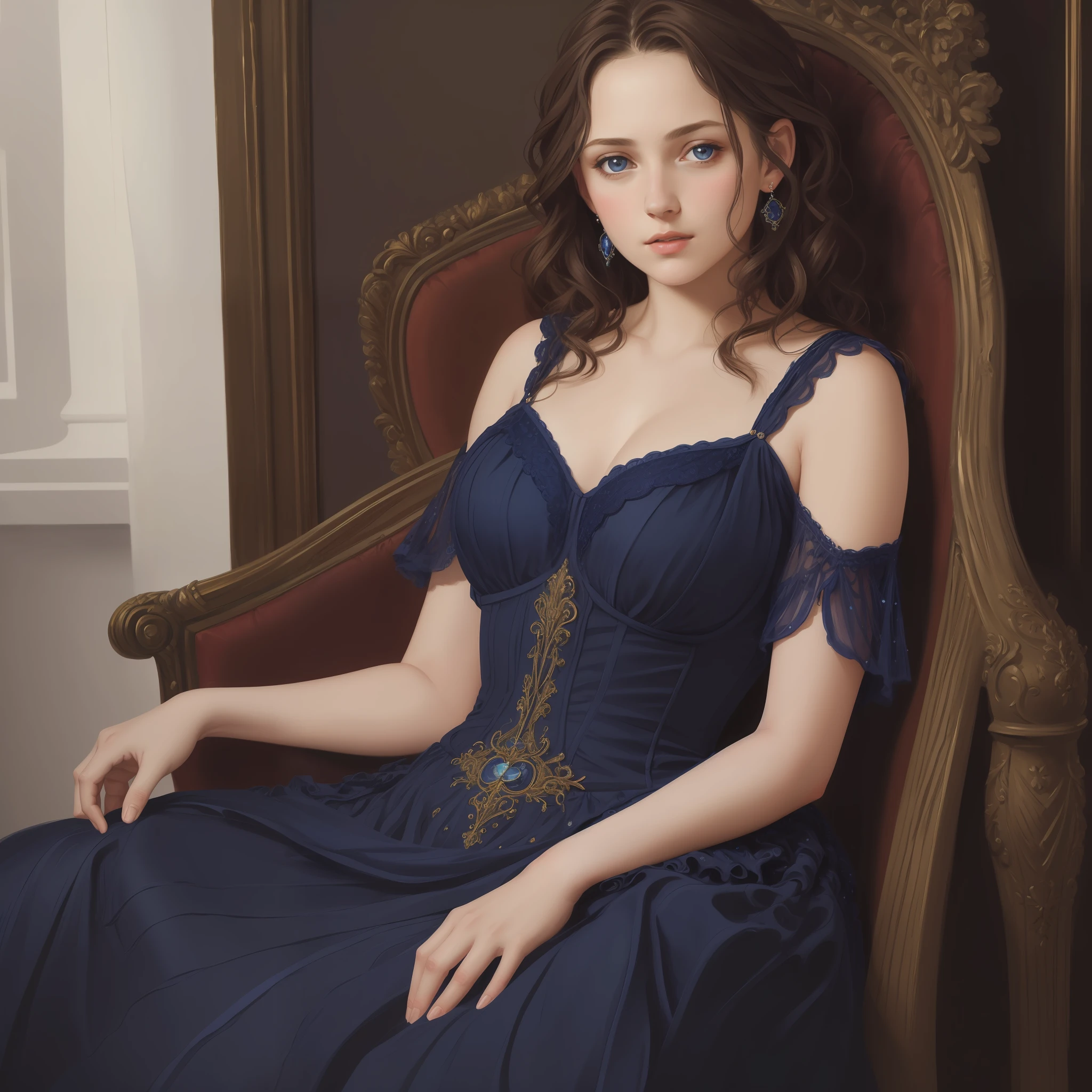 1girl, beautiful  girl, small breasts, revealing ornate navy blue dress, short wavy brown hair, portrait, oil painting, modern, realistic proportions, intricate, intricate details, sharp focus