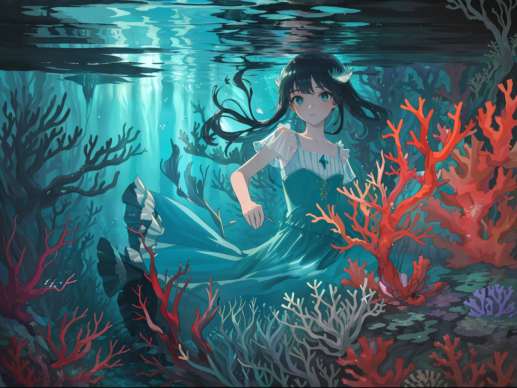 (((masterpiece))),(((best quality))),((ultra-detailed)),((underwater)),(illustration),(beautiful detailed water),((coral)),open tuck,((extremely delicate and beautiful girls)),dynamic angle,floating,(beautiful detailed eyes),(detailed light),(loli),floating hair,glowing eyes,(splash),underwater),((fishes)),black hair,green right eye,iceblue left eye,very long white dress,feather,nature,(sunlight),(underwater forest),(painting),(bloom),(detailed glow),(drenched),(translucent),seaweed,fish,(((Tyndall effect))),face to face