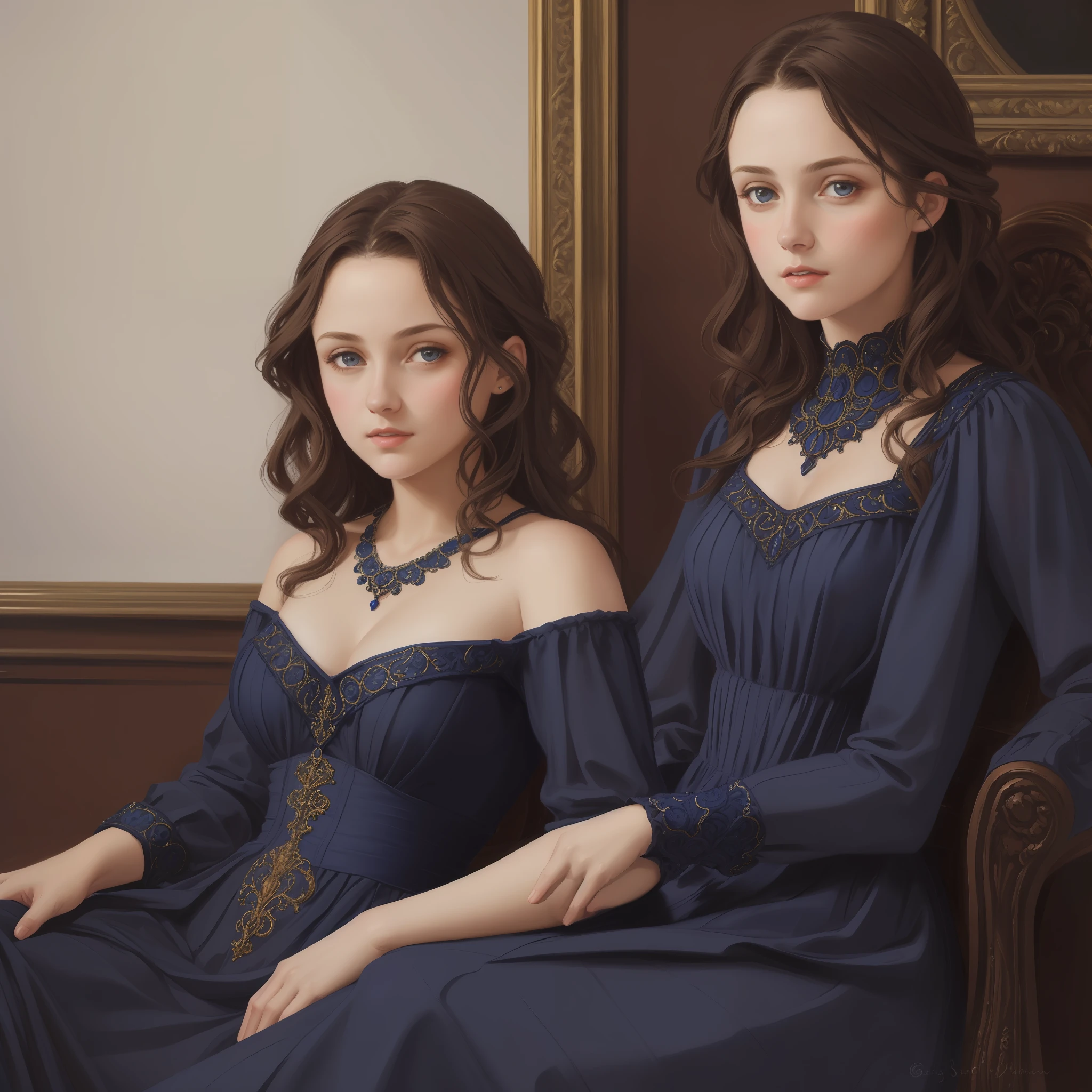 1girl, beautiful teenage girl, small breasts, revealing ornate navy blue dress, short wavy brown hair, portrait, oil painting, modern, realistic proportions, intricate, intricate details, sharp focus