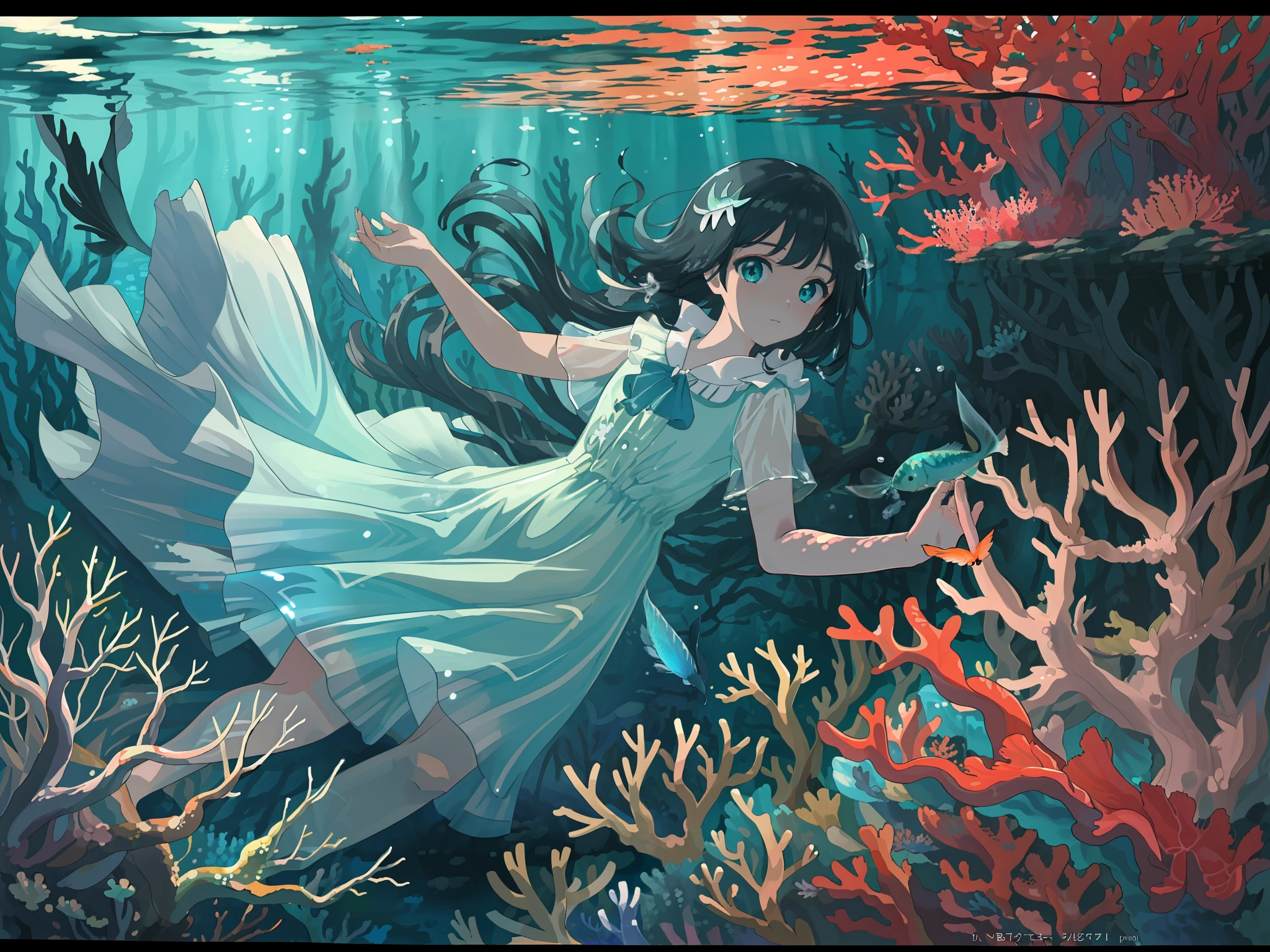 (((masterpiece))),(((best quality))),((ultra-detailed)),((underwater)),(illustration),(beautiful detailed water),((coral)),open tuck,((extremely delicate and beautiful girls)),dynamic angle,floating,(beautiful detailed eyes),(detailed light),(loli),floating hair,glowing eyes,(splash),underwater),((fishes)),black hair,green right eye,iceblue left eye,very long white dress,feather,nature,(sunlight),(underwater forest),(painting),(bloom),(detailed glow),(drenched),(translucent),seaweed,fish,(((Tyndall effect))),face to face