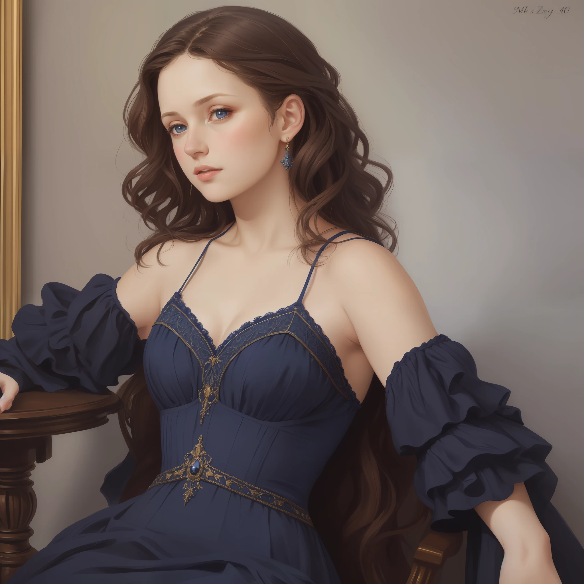 1girl, beautiful teenage girl, small breasts, revealing ornate navy blue dress, short wavy brown hair, portrait, oil painting, modern, realistic proportions, intricate, intricate details, sharp focus