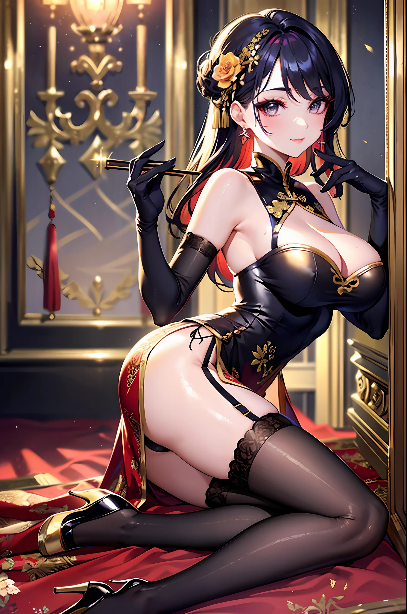 Top quality, masterpiece, super detailed, very delicate 8k wallpaper, dramatic lighting, beautiful face, makeup, long eyelashes, thick lips, (red cheongsam with gold embroidery), (slit on one side), (floral hair ornament), fan, charming smile, high heels, full body, (perfect five fingers: 1.1), elbow gloves, (bare shoulders), garter belt, knee high socks, charming, ( huge breasts, thin waist, huge buttocks),