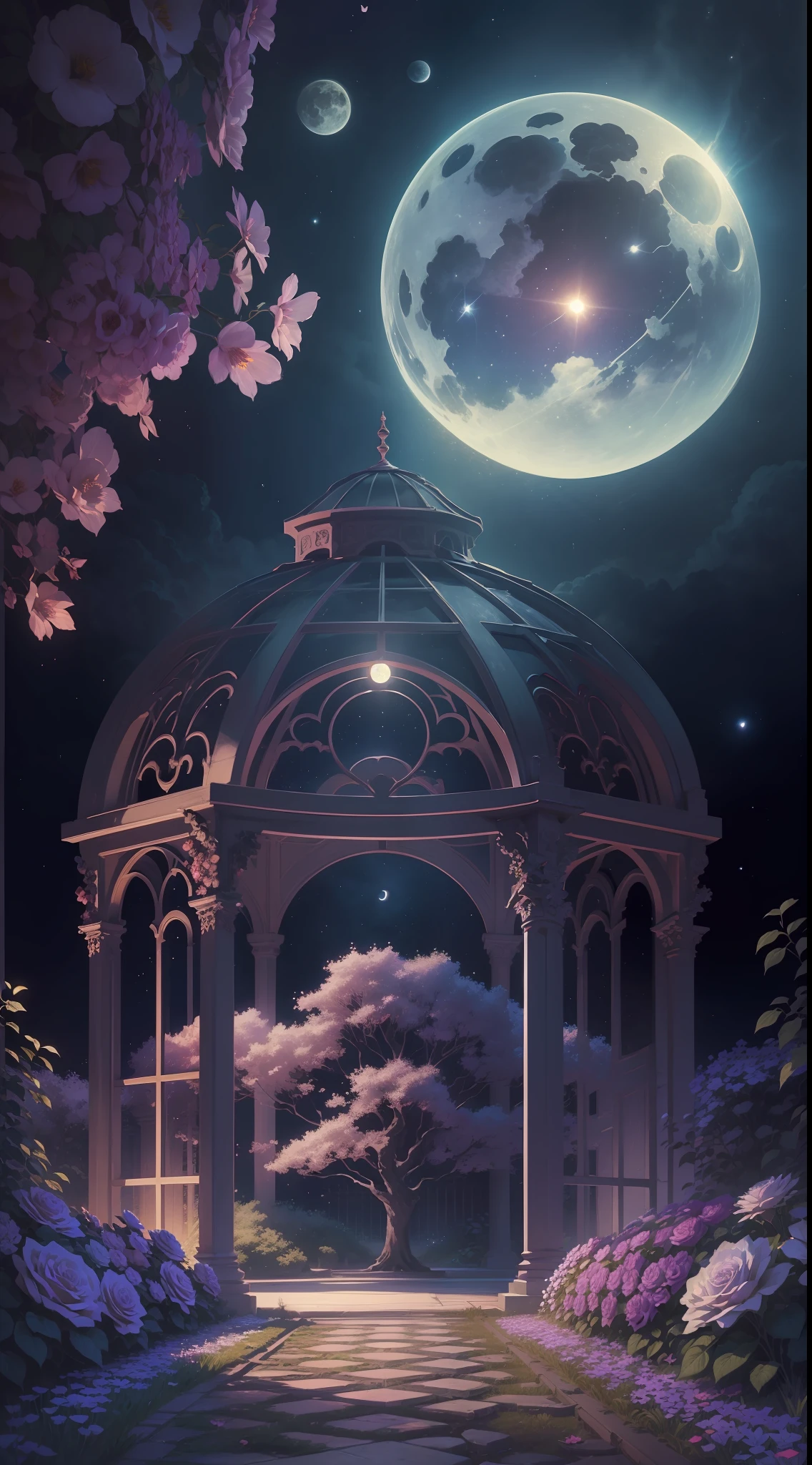 (Illustration:1.3), (secret garden), lush, floral, rose, (botanical), romanticism, moody, space, stars, nebula, beautiful clouds, moon, trellis, lattice, garden, gazebo, (realistic:1.5), (good shading), good architecture, volumetric lighting, cinematic, good architecture, (highest quality, award winning, masterpiece:1.5),