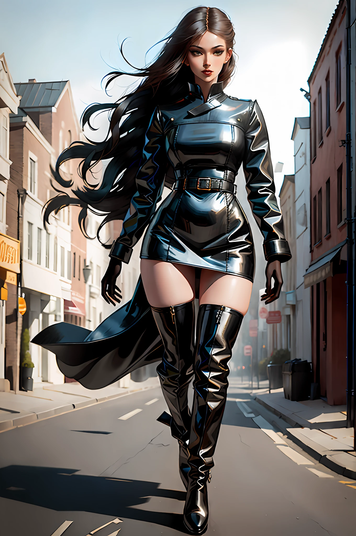 Beautiful woman walking in the wind, black glove boots, tall, long legs, perfect body proportions, thin waist, black suspender stockings, tight leather dress, tall, slender figure
