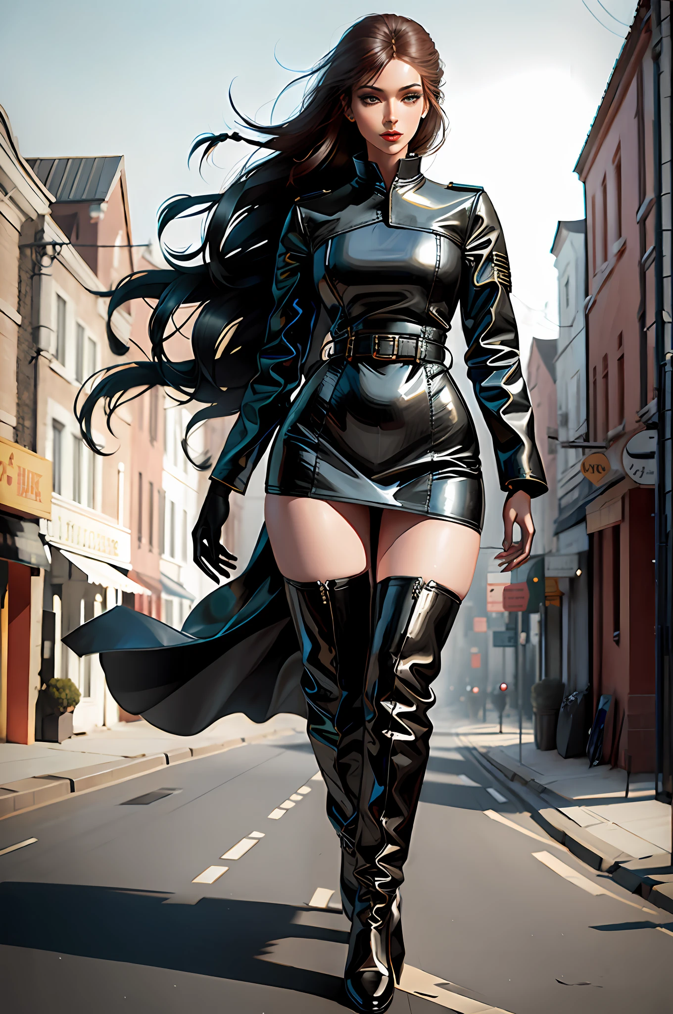 Beautiful woman walking in the wind, black glove boots, tall, long legs, perfect body proportions, thin waist, black suspender stockings, tight leather dress, tall, slender figure