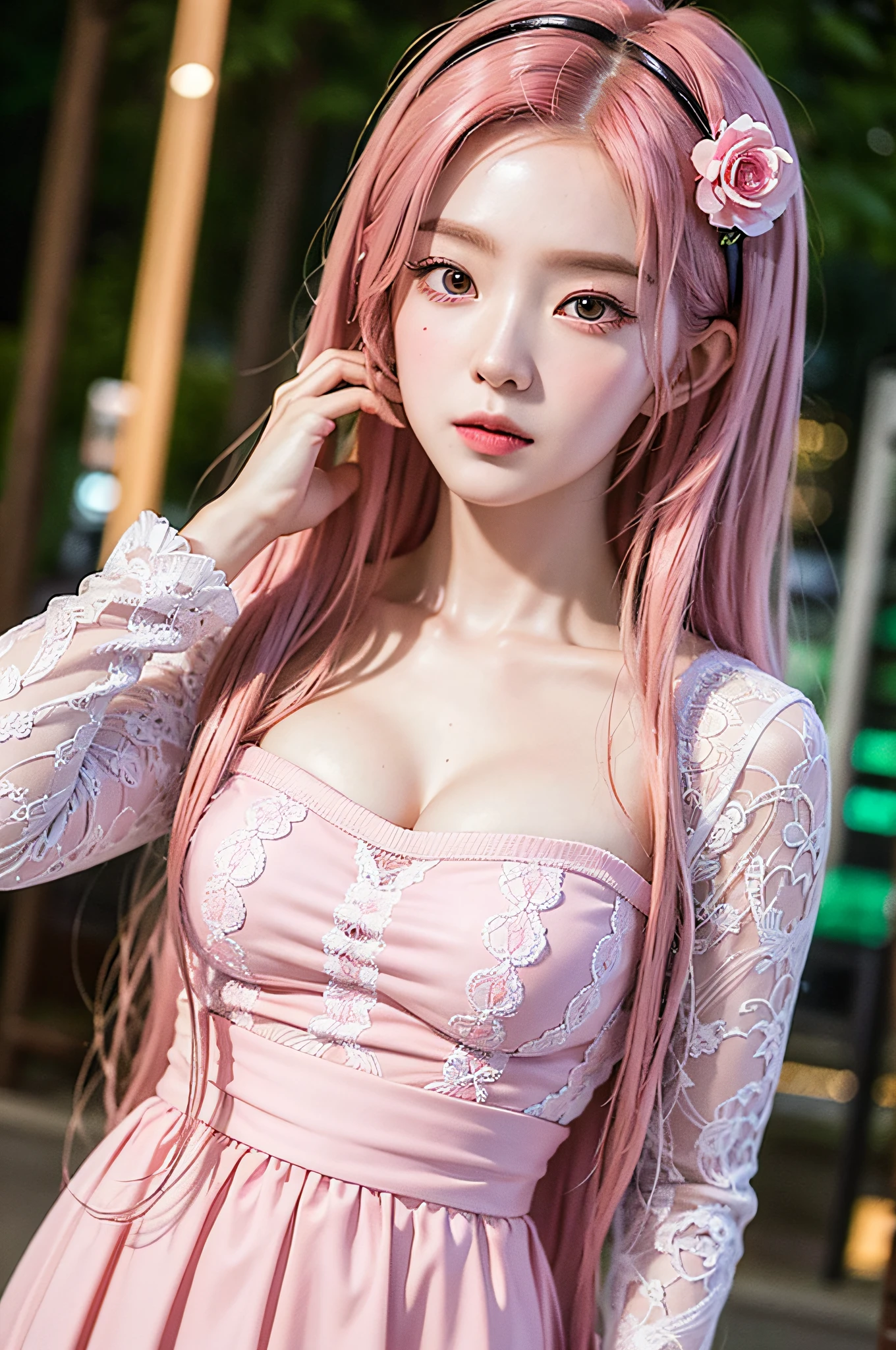 ((very detailed CG)), ((8k)), beautiful maiden, flowers, suit, forest, city night scene, a girl, beautiful face, long pink hair