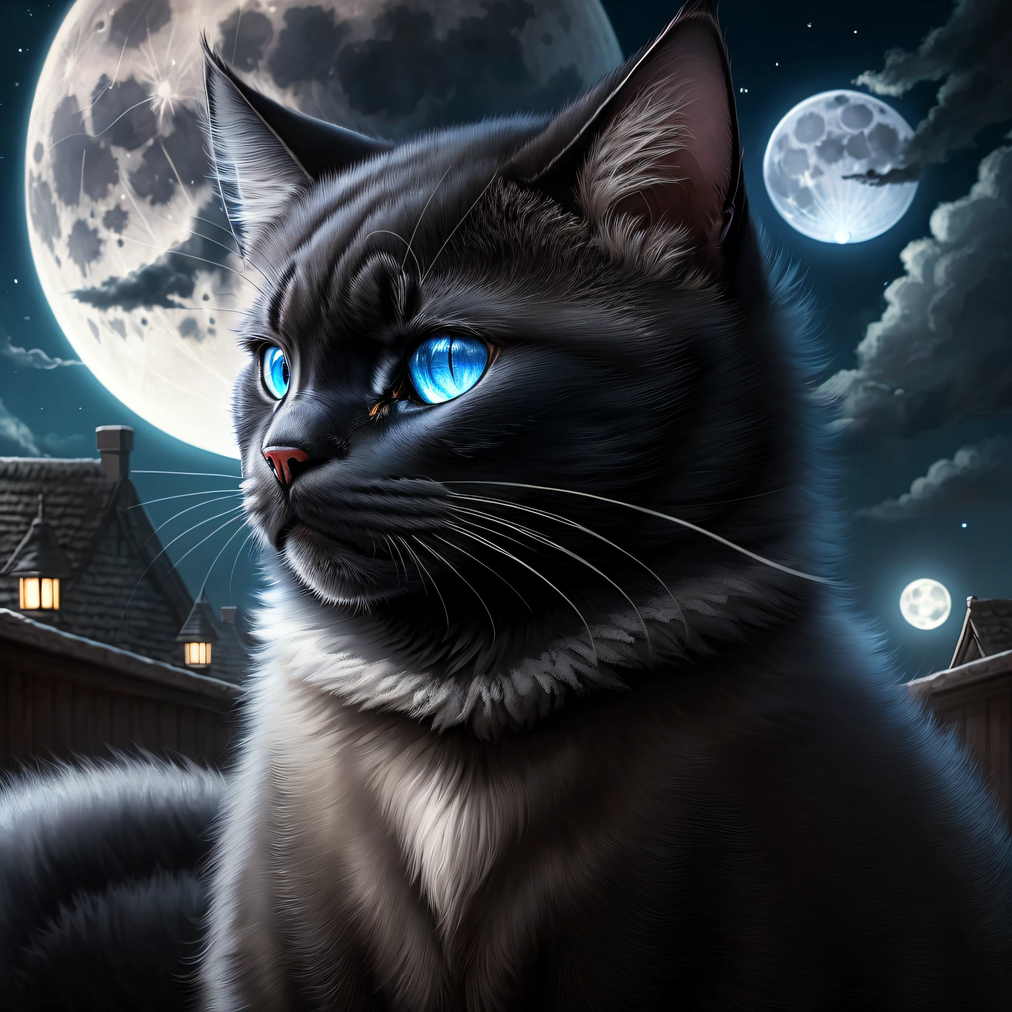 high quality, black cat, blue eyes, long fur, headphone, night background, roof backgrond, big moon