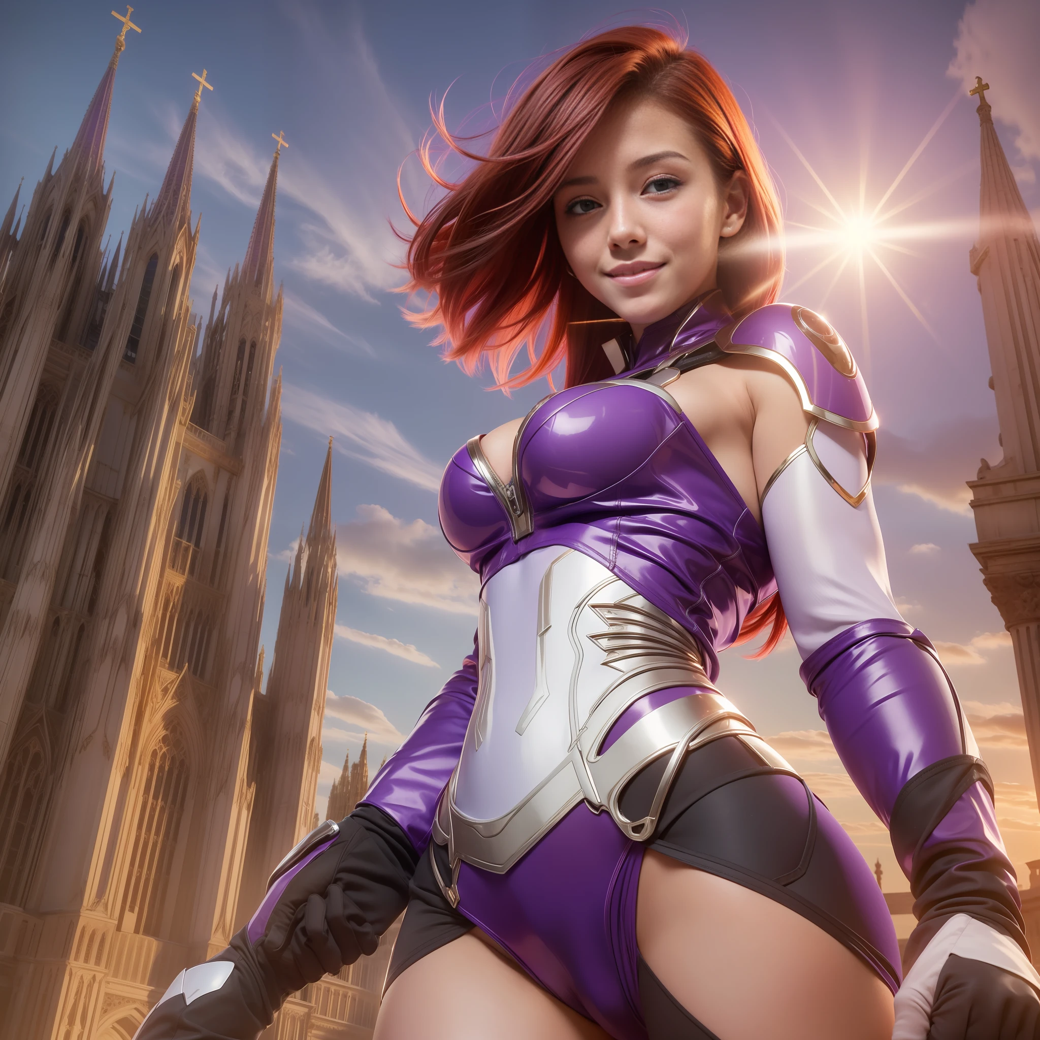 1girl, solo, 20 yo, red_hair, (smile:1.3), blush:1.2, glossy skin, from below,
(a girl wearing a purple union suit:1.3), tall, Clavicle, large breast, nipple, navel, Pubic bone:1.2, pubic shape, cameltoe:1.3,
middle in the park, sunset, Standing on the roof of a cathedral,
lens flare, cinematic_light, (outside black border:1.3), high detailed backgrounds,
(masterpiece, best quality, excellent quality:1.3),