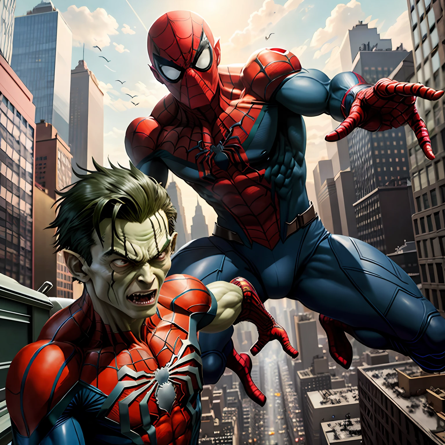 Spider-man in battle with cinematic-style green goblin with fight in New York City buildings