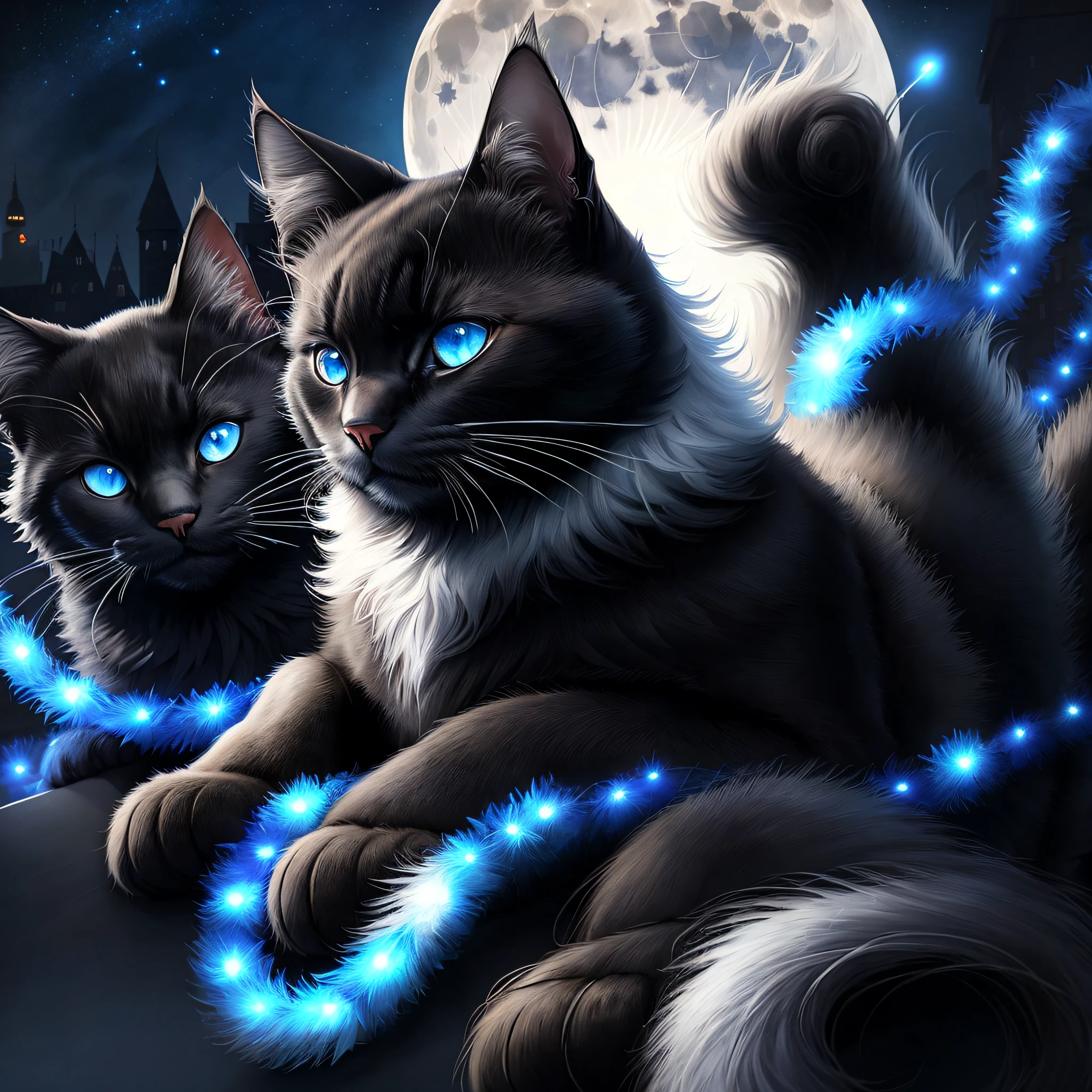 high quality, black cat, blue eyes, long fur, headphone, night background, roof backgrond, big moon