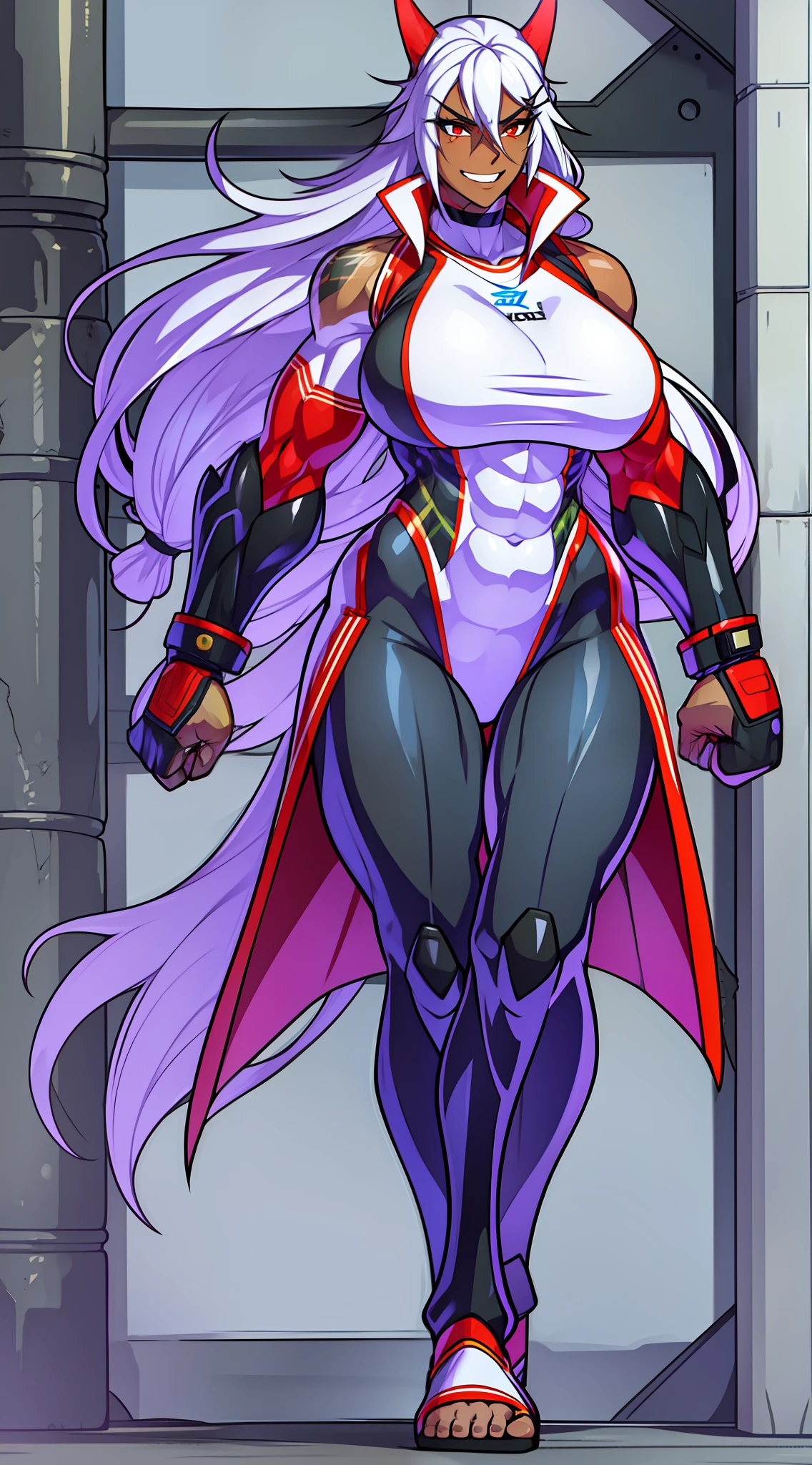 muscle girl,huge breast,, tall female, ,pants, solo focus, 1character, portrait full body,dark skinned female, , vest, coat, walking, medieval clothing, long hair, ,, open mouth smile, revealing cloths, , , berserker, warrior,, full body, walking,, ,flipflops, red eyes, sentai heroine, white bodysuit, silver hair