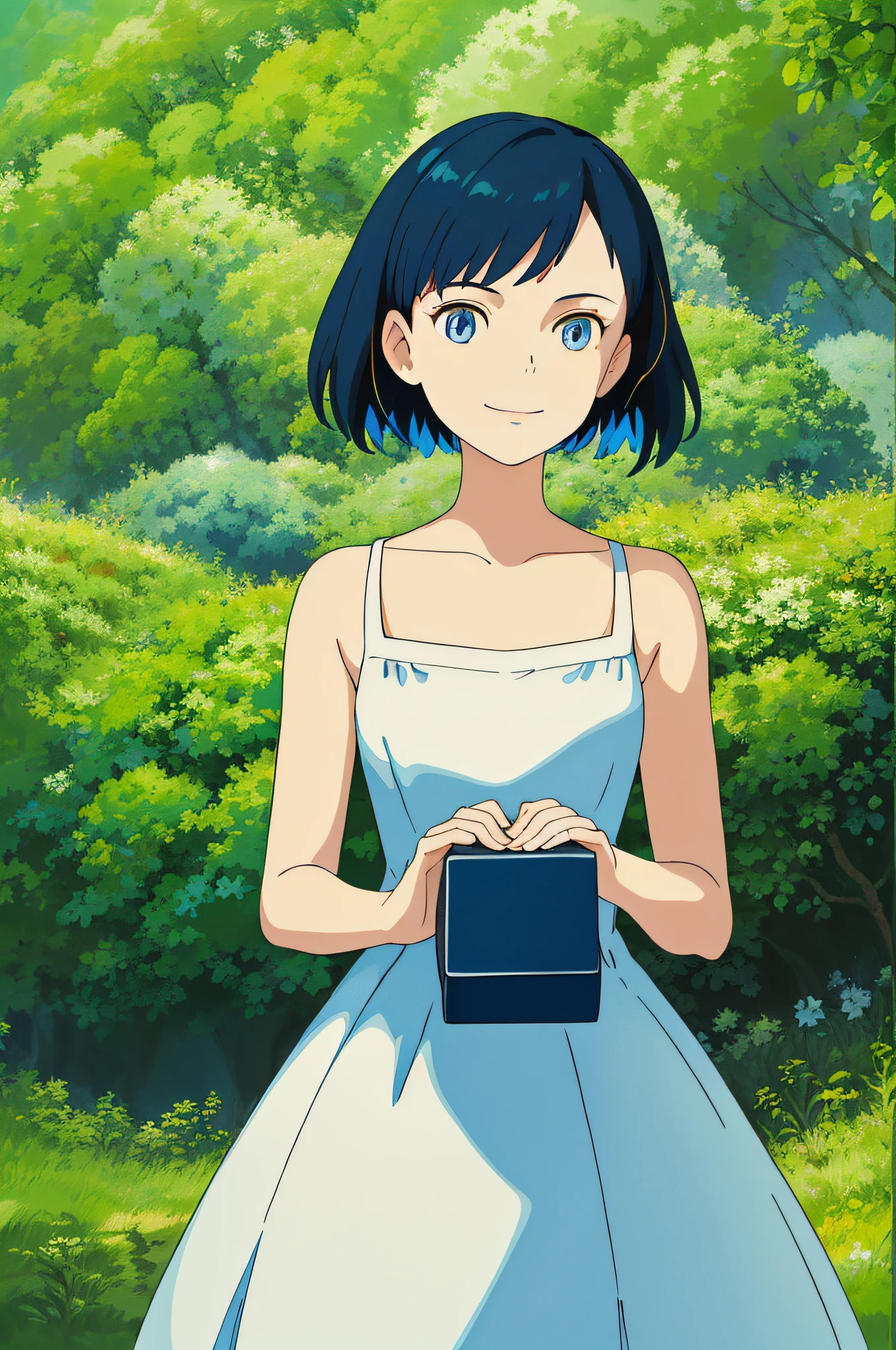 (best quality, masterpiece:1.1), 1girl, portrait, beautiful 18 years old girl (holding little black box:1.2), short hair, blue eyes, beautiful detailed eyes, wearing short red dress, dress white straps, bare shoulders, smile, sunny, natural light, sparkles, green forest, highly detailed, smooth, sharp focus, (colorful:1.2), by studio ghibli,