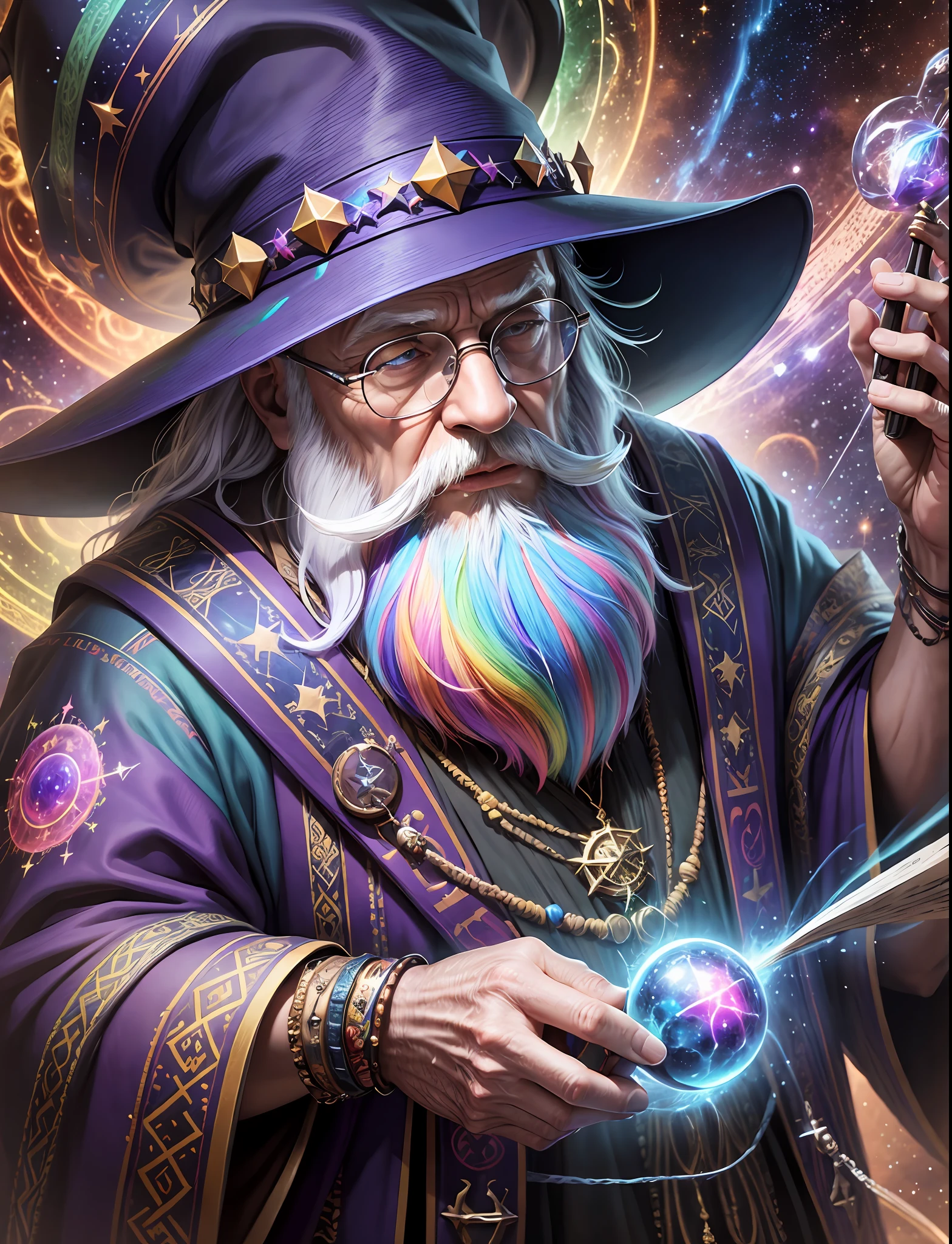 realistic wizard doing spells, old man with bearded glasses with hat, very colorful with mystical colors in a cosmic universe with glowing animals, realistic, hypermaximalist, 4k, 8k, amazing, maximum quality, extreme realism, uhd, shaders, ultra realistic, hypermaximalist, ultra graphics. --auto --s2