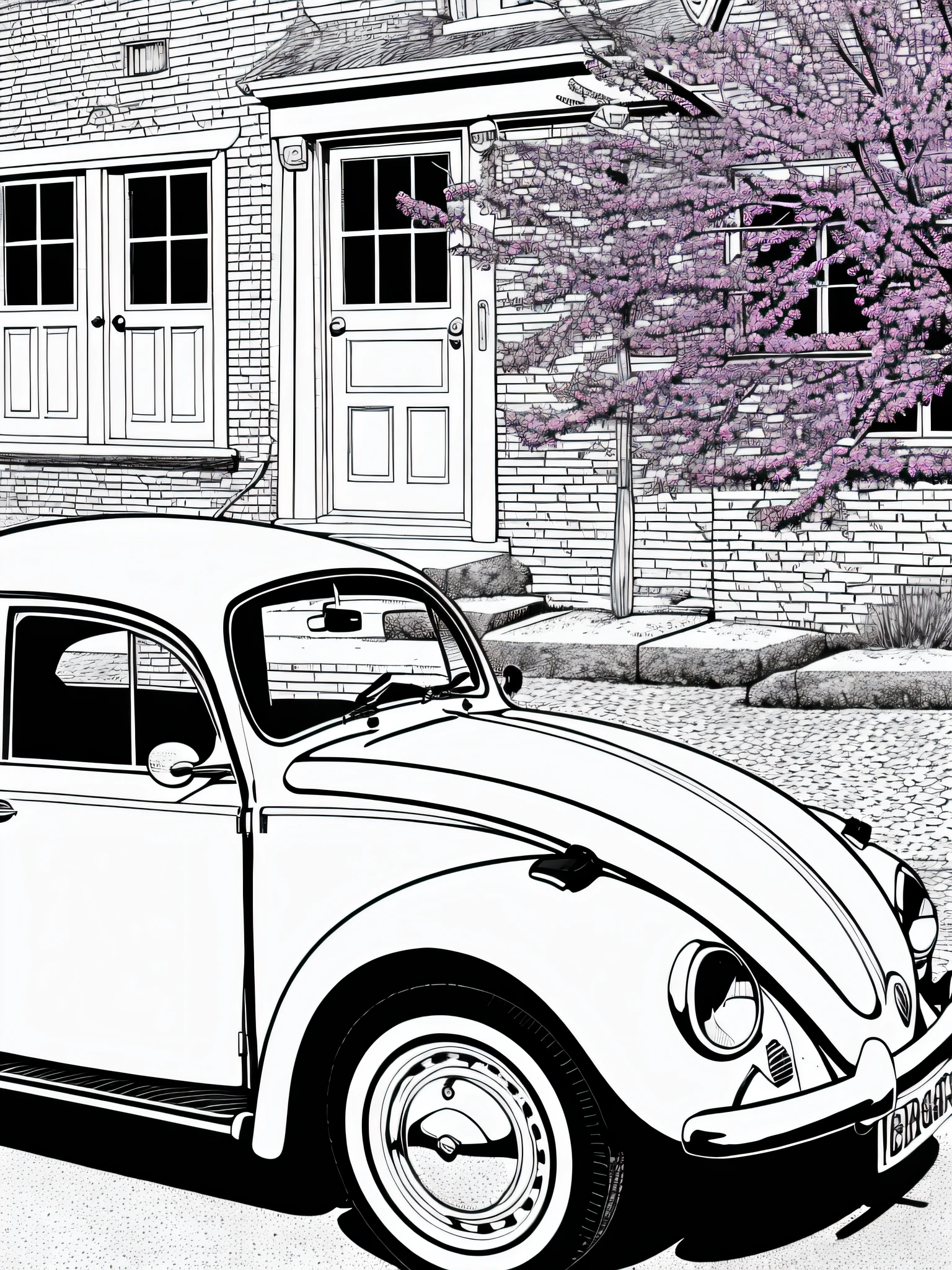 VW beetle parked on the side of the road in front of brick building, beetle, VW bus on the street, inspired by beetle, detail and vivid colors, vintage car, detailed and bright, kanba, classic atmosphere, classic car, (line art: 1.2), 2D, masterpiece, top quality, line art, (monochrome: 1.2), white background, black and white, coloring book for children, paper, full page, free line, Art line detail, print, perfect anatomy, (white background: 1.2)
