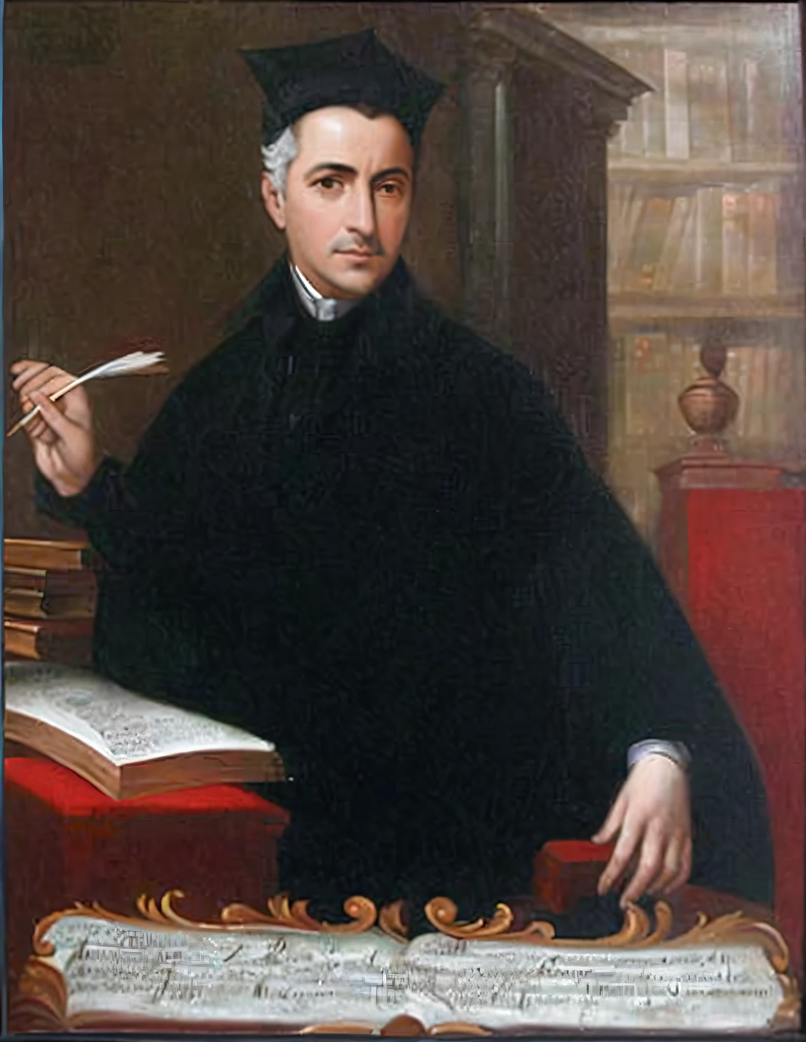 painting of a man in black coat and book, Leon Battista Alberti, Vincenzo Riccardi, Giovanni Baglione, Tiziano Vecelli, inspired by Cristofano Allori, inspired by Niccolò dell' Abbate, faust de martini, inspired by Giovanni Bernardino Azzolini, inspired by Giorgio Giulio Clovio, Baltasar Gracián y Morales