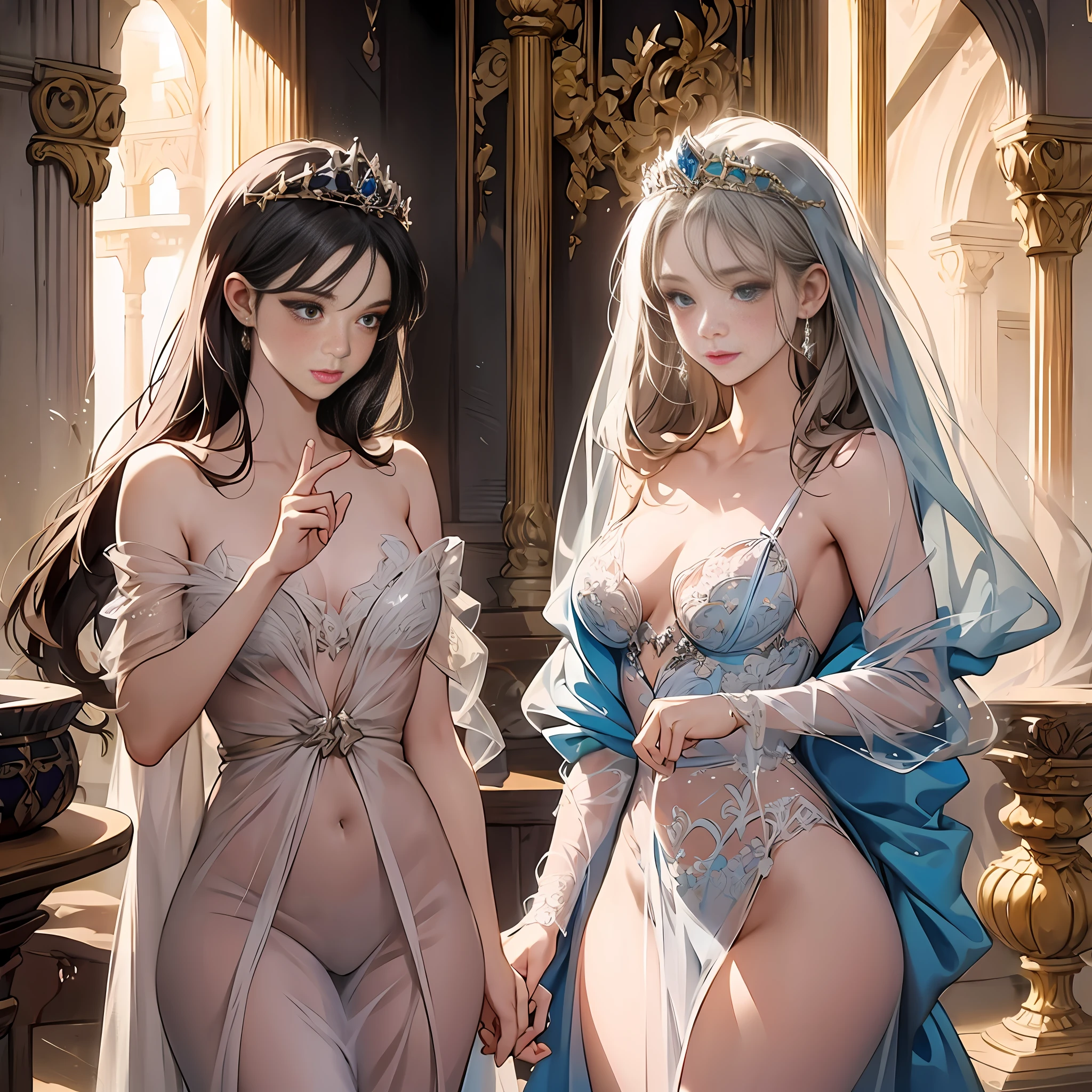 Princess Knight, Tiara, Surcoat, Gauntlet, (Naked:1.4), Spats (See-Through Lingerie:1.3), (Blushing:1.0), Challenging Facial Expression, Detailed Face, Detailed Face