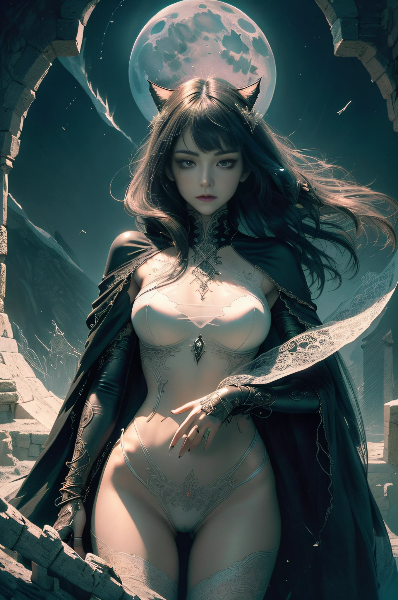 [Detailed illustrations, art based on extremely ideal anatomy, very detailed and detailed drawings, slow and delicate lines, realistic texture expression],((Color tressed main lines)),(Artwork with outstanding craftsmanship),(Midnight ruins (Background of a stone castle leaking in moonlight)) Full Moon,Vampire Girl Japanese Beauty ((Beautiful but sick face, sunken eyes)) Skinny  (delicate and bony figure) Bare feet (((straight cropped bangs)) Fine beautiful straight long hair (black cat),(Beautiful skin shining on the moon (pale skin)),Cloak of darkness (ribbon lace embroidery),(ephemeral melancholy)) (Moonlight))) Gravure (Sedentary) ((Tindall effect)),((Dark fantasy)),((Fine and beautiful skin expression ( Transparency))),((Clear gaze)),((Perfect eye details (Beautifully drawn pupils))),(Beautiful perfect face (Realistic face details)),((Beautiful hair details)),(Proportioned and perfect proportions)),(High-level built design,((Advanced structural understanding of materials)),Ideal color coordination),((Artistic decoration)) ((High-density detail)),((Detail,High definition)),[(Ultra-precision detail),((Multilayer texture)),HighQuality,High Resolution],((Accurate simulation of light-material interaction,ing of air flow,Mechanically correct representation)),(((Visual art with narrative)).