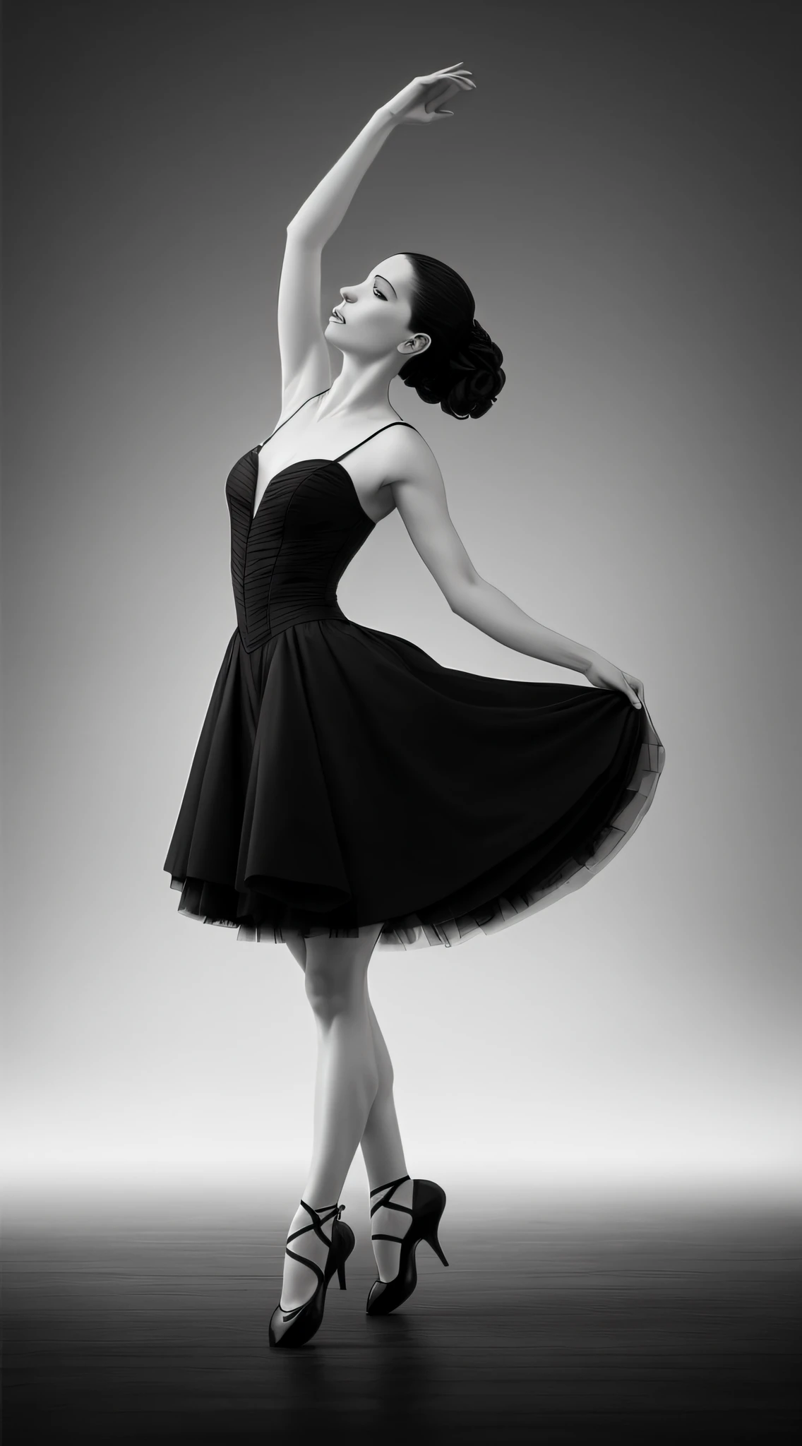 araffetic - black and white photo of a woman in a dress, digital art of an elegant, inspired by Grzegorz Domaradzki, dramatic elegant pose, she is dancing. realistic, dark ballerina, style of charlie bowater, inspired by Cynthia Sheppard, girl graceful, dancing gracefully, inspired by Darek Zabrocki