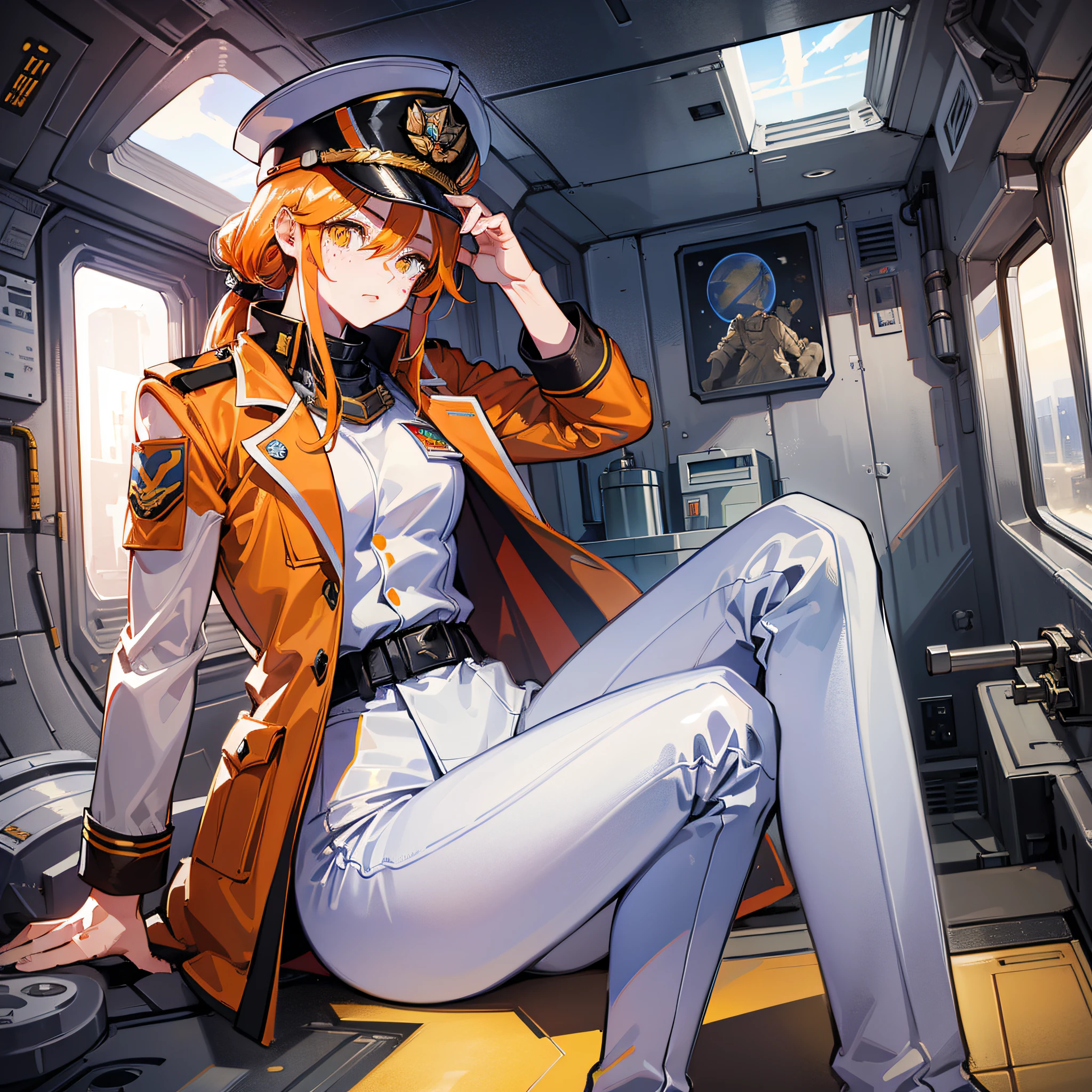 ((Masterpiece)), ((Highest Image Quality)), ((Best Quality)), (Illustration of One Girl), Full Body, 25 Years Old, Neutral, ((Freckles))), Orange Hair Ponytail, Yellow Eyes, (Tall Body)), Big, (Muscular Strong Body)), ((Muscular Strong Body)), (Military Uniform)), (Military Hat)), ((Army Coat)), (White Clothes), (White Pants), (White Hat), Trench Coat, ((Inside the Spacecraft)), (Outside the Window, Space, Earth as seen from space, Spaceport)