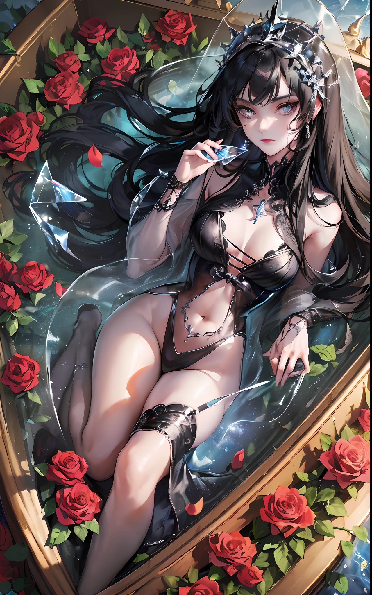 (((transparent coffin for corpse with closed lid))) , (long coffin crystal box), girl locked in the coffin, seabed in the background, ((crystal)), gold cross, golden details, roses inside the coffin, rose thorns, ocean in the background, moonlight, coffin submerged in the sea, closed coffin with glass walls, closed lid, (((sarcophagus))), 1girl, adult woman, black hair, long hair, blue eyes, black victorian dress, modest dress, closed dress, flowing elegant dress, inside a coffin made of glass, full body inside coffin, perfect detailed eyes, perfect detailed face, detailed eyes, perfect eyes, ((((masterpiece)))), (((glass lid)))