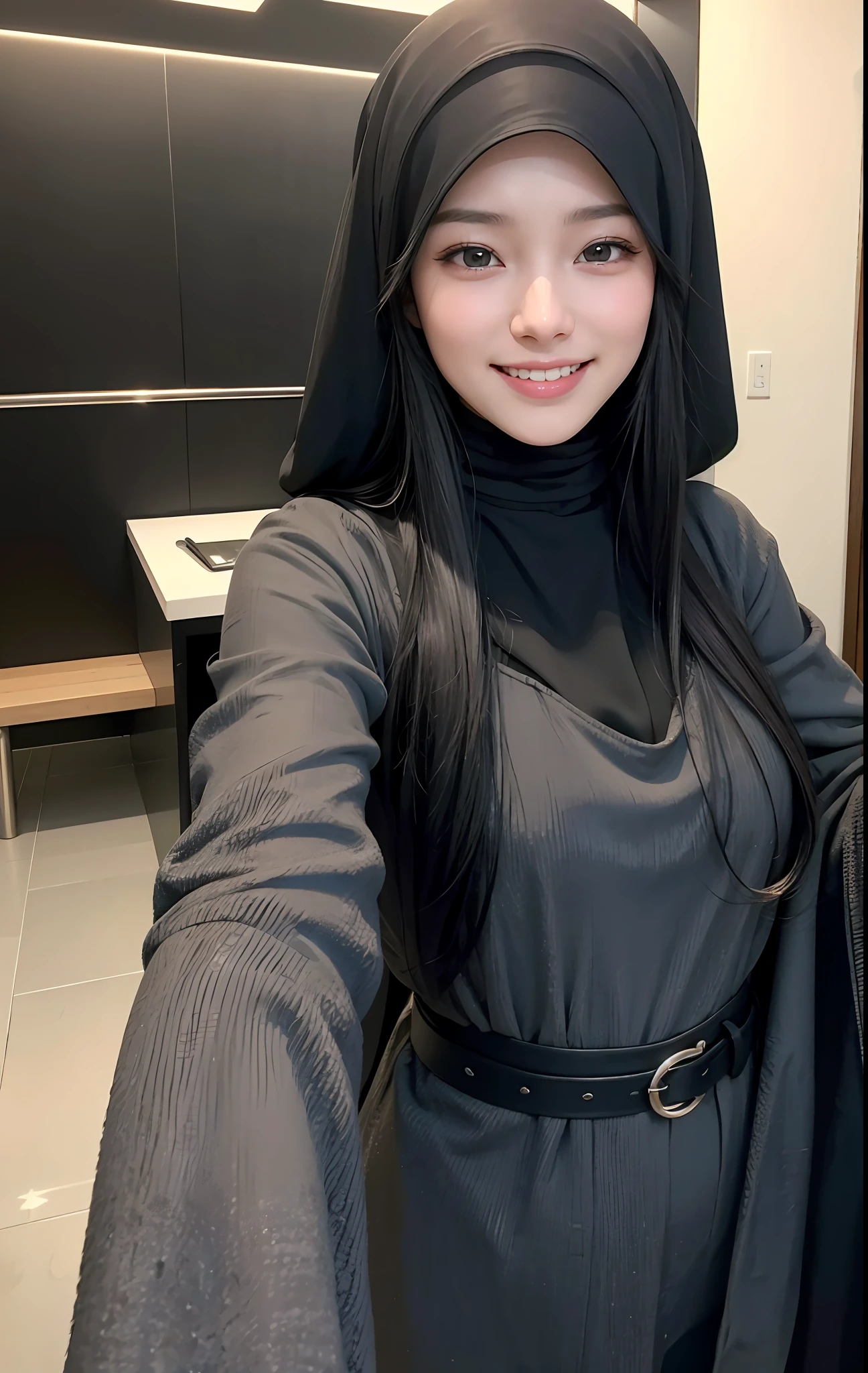 hd photorealistic image of a cute young woman with long black hair smiling into the camera, taking a selfie, high quality skin textures, depth, hijab, high quality, hot body, japanese actress, korean actress