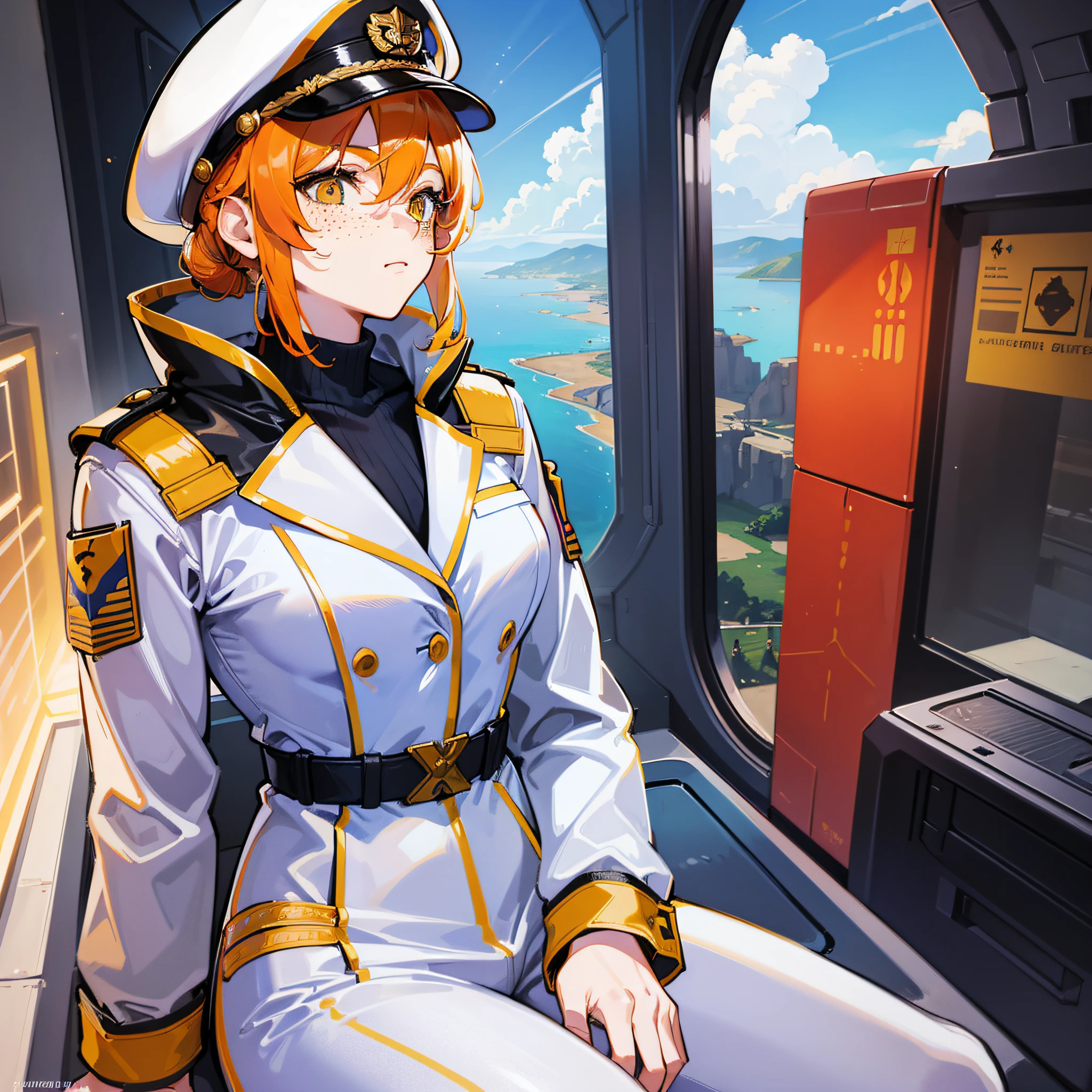 ((Masterpiece)), ((Highest Image Quality)), ((Best Quality)), (Illustration of One Girl), Full Body, 25 Years Old, Neutral, ((Freckles))), Orange Hair Ponytail, Yellow Eyes, (Tall Body)), Big, (Muscular Strong Body)), ((Muscular Strong Body)), (Military Uniform)), (Military Hat)), ((Army Coat)), (White Clothes), (White Pants), (White Hat), Trench Coat, ((Inside the Spacecraft)), (Outside the Window, Space, Earth as seen from space, Spaceport)