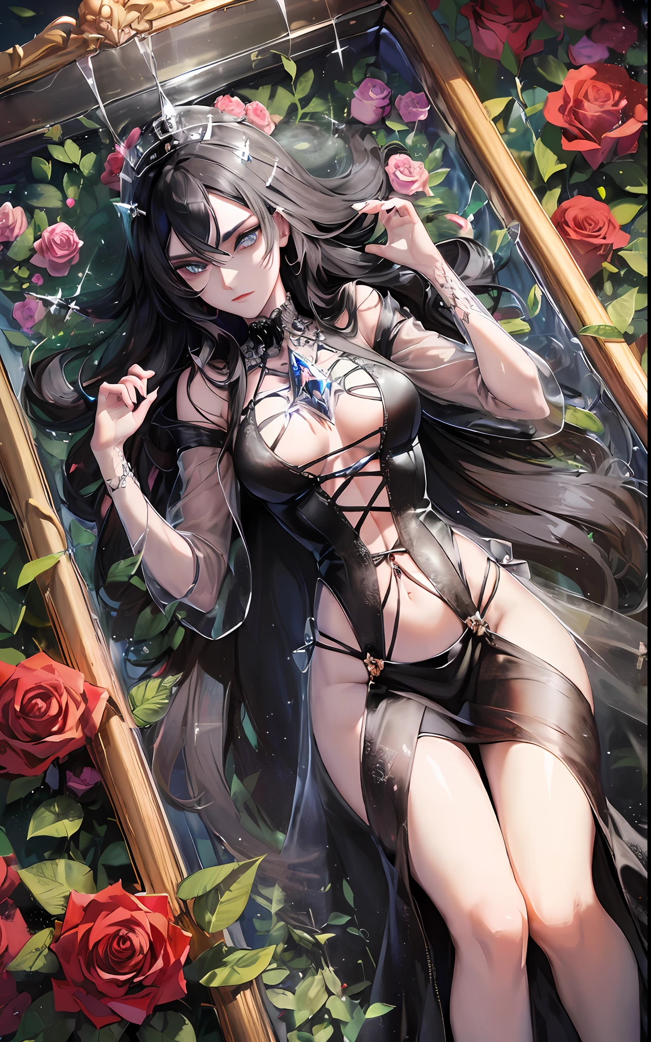 (((transparent coffin for corpse with closed lid))) , (long coffin crystal box), girl locked in the coffin, seabed in the background, ((crystal)), gold cross, golden details, roses inside the coffin, rose thorns, ocean in the background, moonlight, coffin submerged in the sea, closed coffin with glass walls, closed lid, (((sarcophagus))), 1girl, adult woman, black hair, long hair, blue eyes, black victorian dress, modest dress, closed dress, flowing elegant dress, inside a coffin made of glass, full body inside coffin, perfect detailed eyes, perfect detailed face, detailed eyes, perfect eyes, ((((masterpiece)))), (((glass lid)))